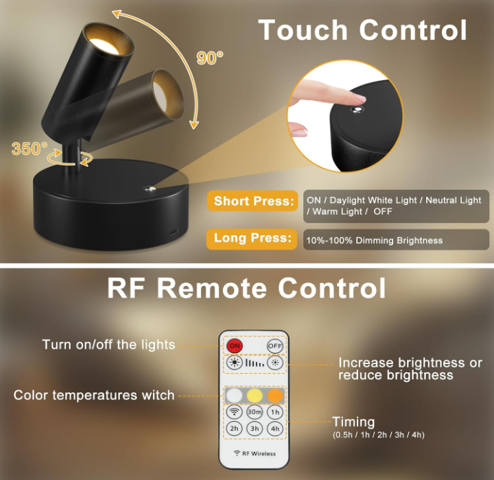 Lámpara de pared táctil regulable, foco magnético inalámbrico, rotación de 350°, recargable, ideal para cocina y dormitorio (negro) - 5