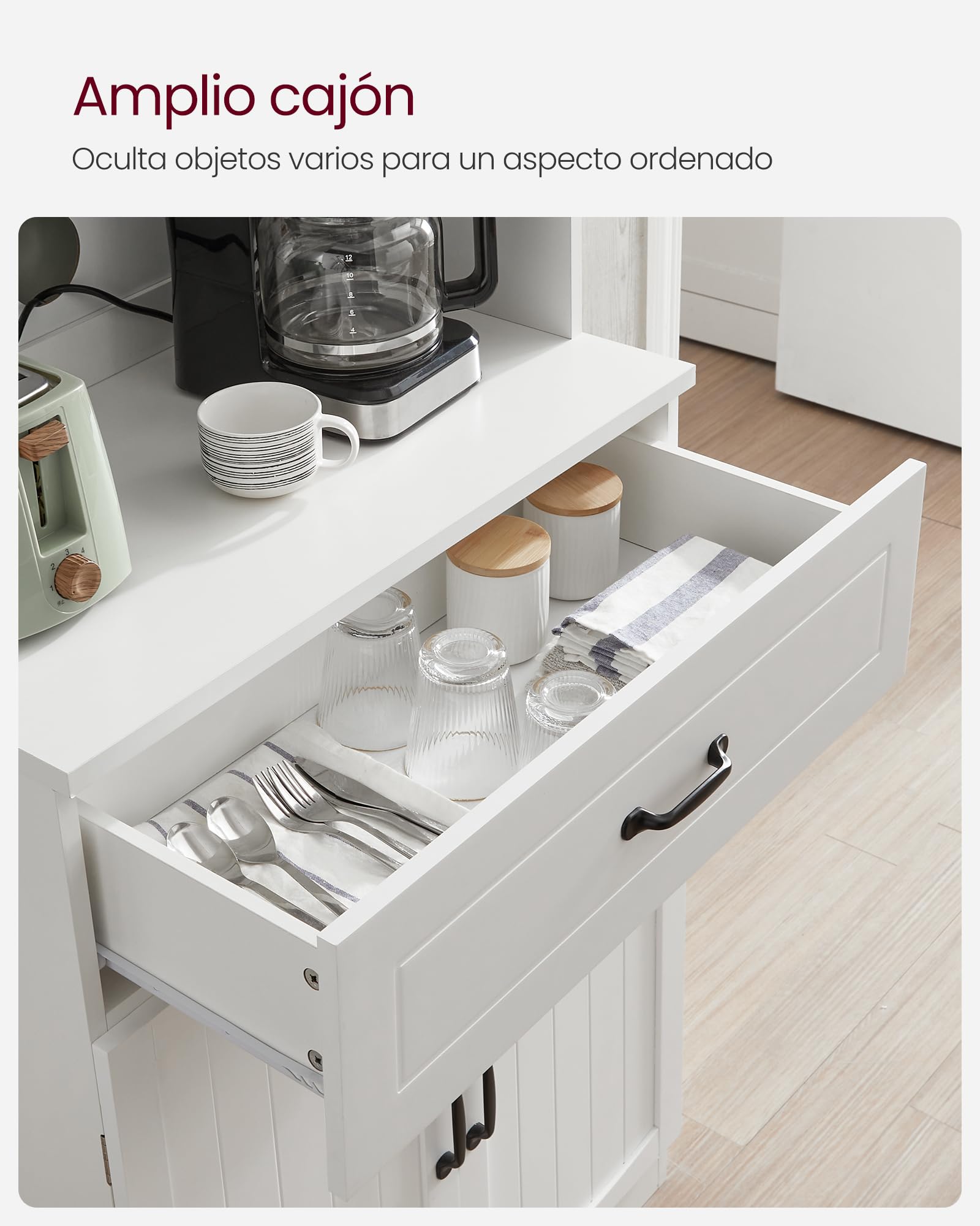 Armario alto de cocina blanco con puertas de cristal y estantes ajustables, cajón, encimera para microondas y cables, estilo moderno - 7