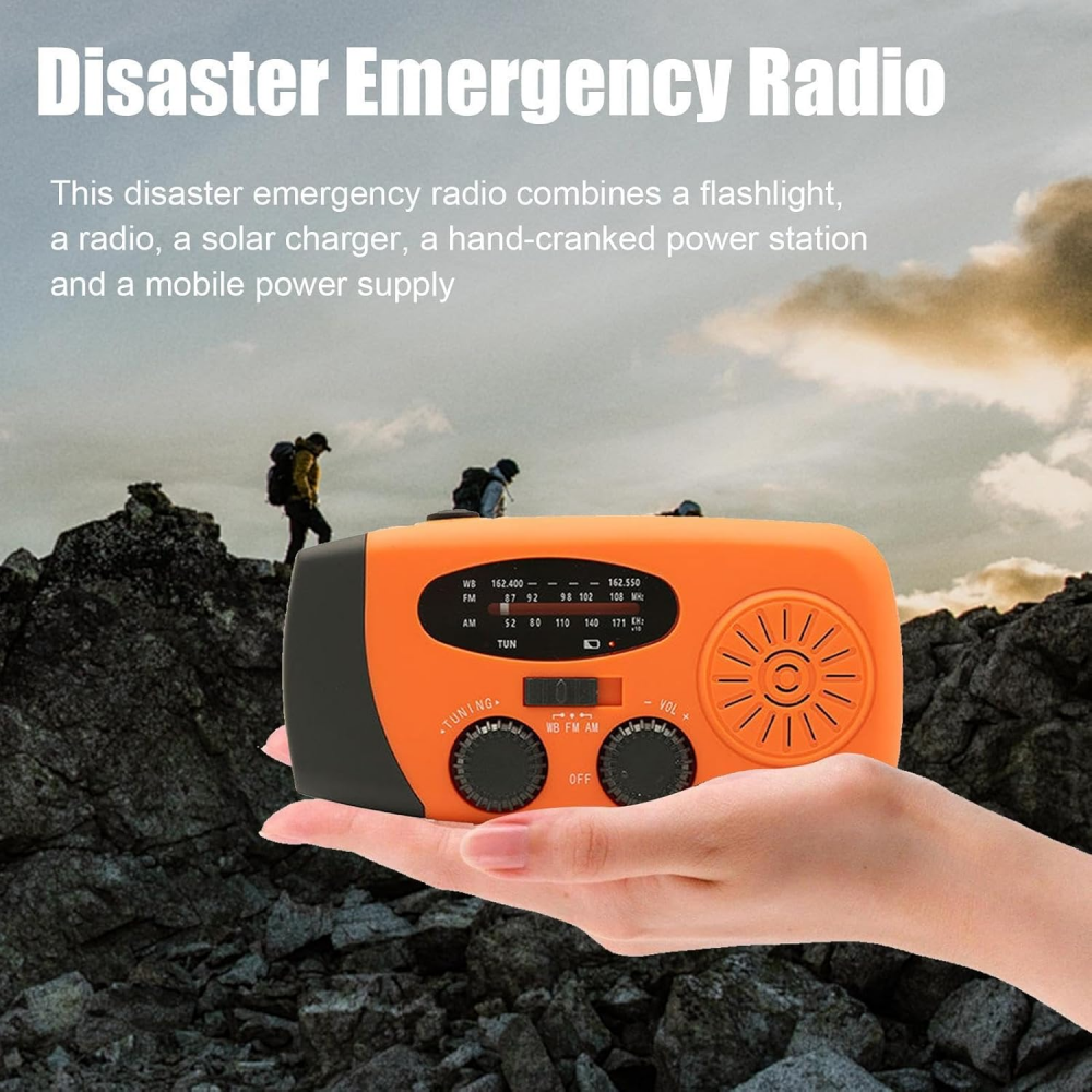 Przenośne radio awaryjne – Power Bank 2000 mAh – Radio awaryjne zasilane bateryjnie (ładowalne) – Na kemping i na wypadek klęsk żywiołowych – Pomarańc - 4