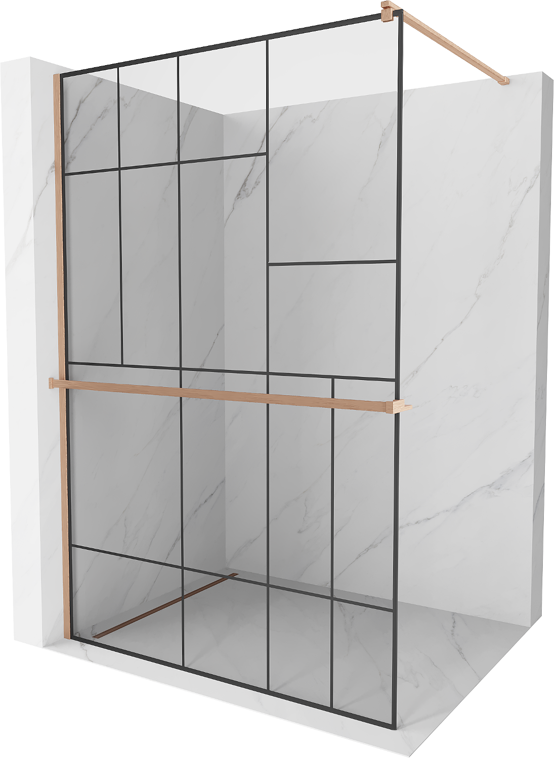 Mexen Kioto+ ścianka prysznicowa z półką Walk-in 130 x 200 cm, czarny wzór, miedź szczotkowana - 800-130-121-65-78