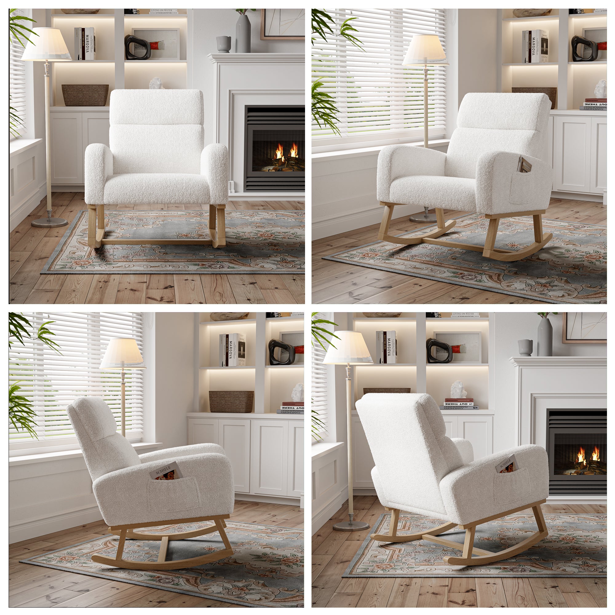 Fauteuil à Bascule, Rocking Chair en Tissu Teddy, Fauteuil Allaitement Scandinave, Chaise à Bascule en Bois Massif pour Salon, Chambre, Balcon, Blanc - 7