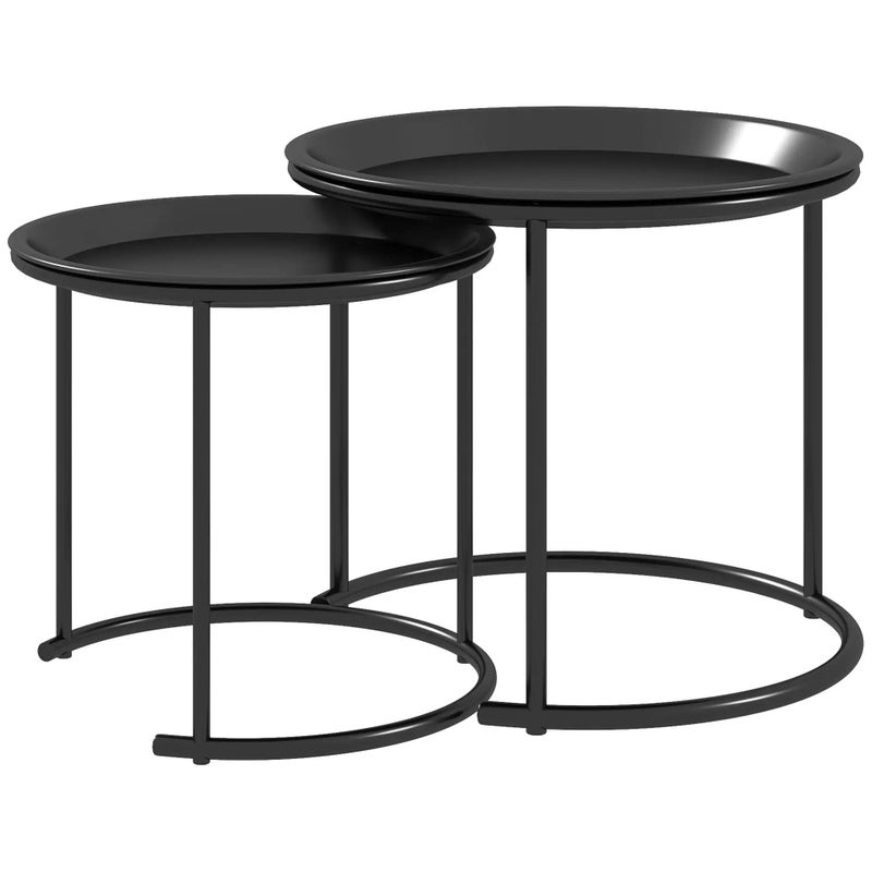 Zestaw 2 metalowych stolików bocznych, można je ze sobą łączyć, blaty stolików można wykorzystać jako tace, kolor czarny