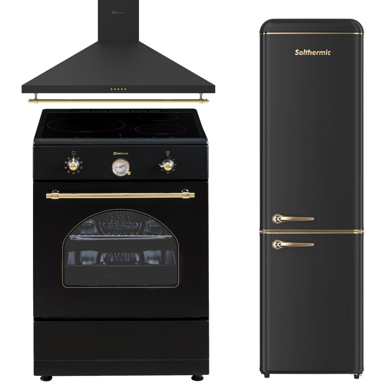 Solthermic® combo pack cocina 60x60 vti60 negra induccion + campana de 60 negra rústica + frigo-combi retro 1,88 fcr188n negro