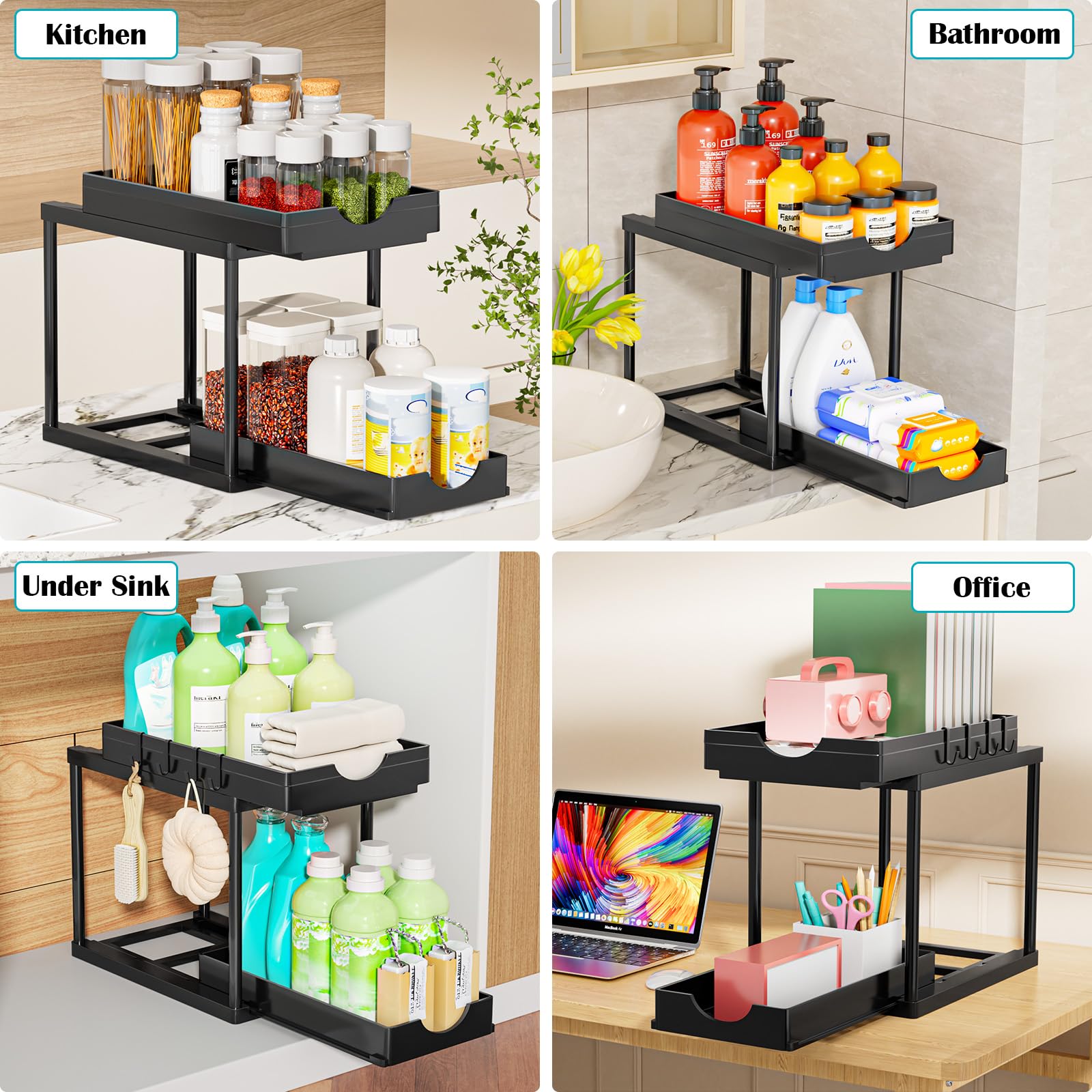 Organizadores y almacenaje bajo el fregadero para la cocina, organizador bajo el fregadero de 2 niveles, cesto de baño con 4 ganchos - 7
