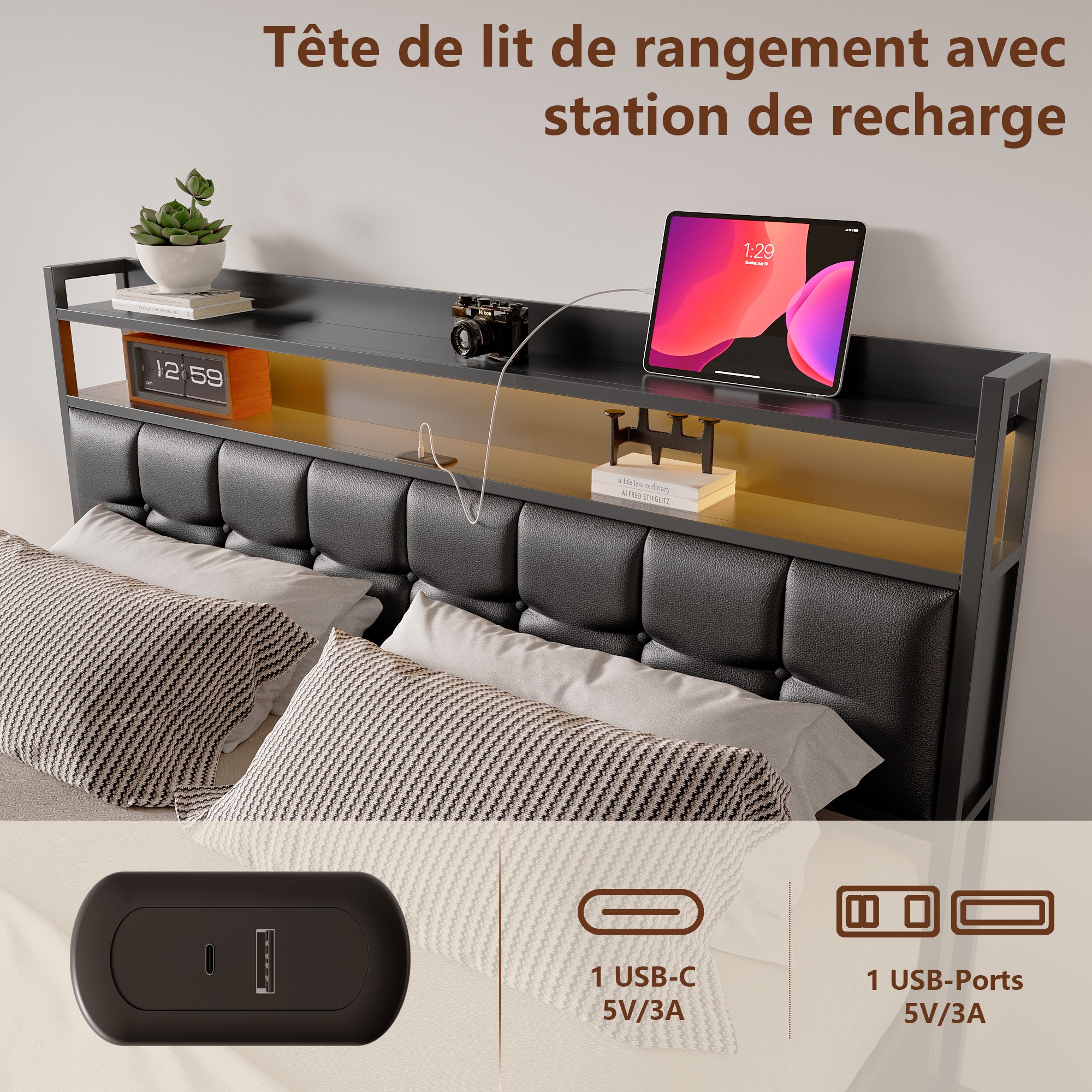 Lit coffre 160x200 cm avec sommier à lattes, lit double 160x200 cm avec LED, cadre de lit adulte avec port USB et Type C, tissu en PU, noir - 5