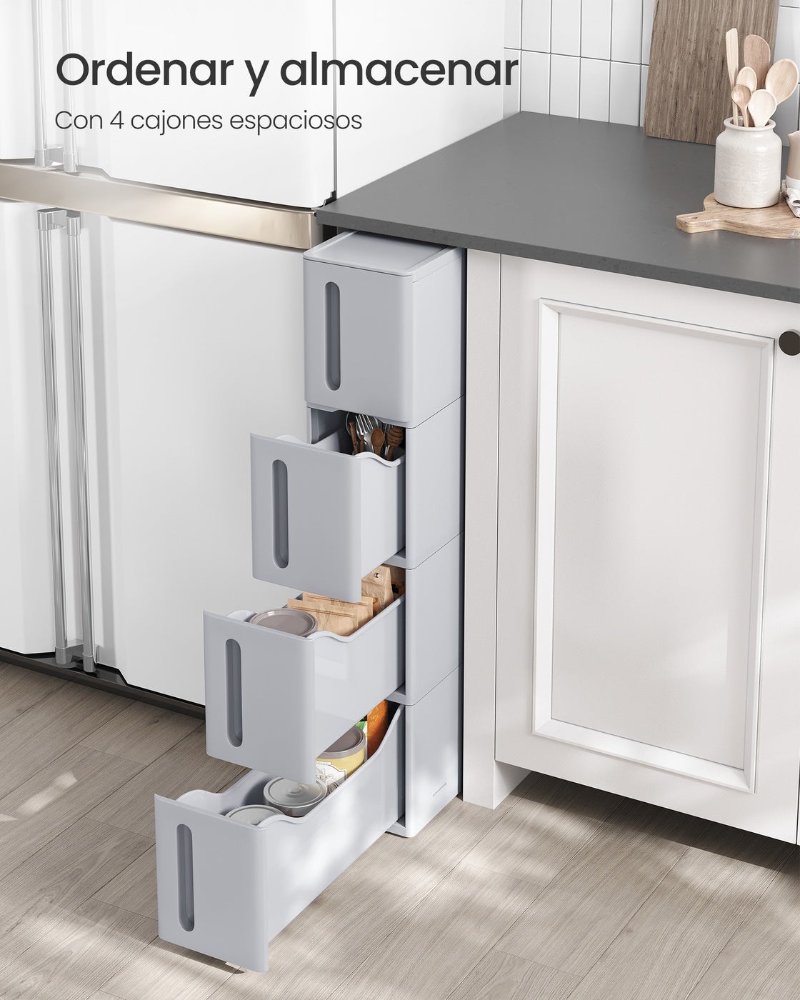 Carrito auxiliar estrecho con 4 cajones, estantería móvil de plástico para baño, 17x45x84 cm, gris - 4
