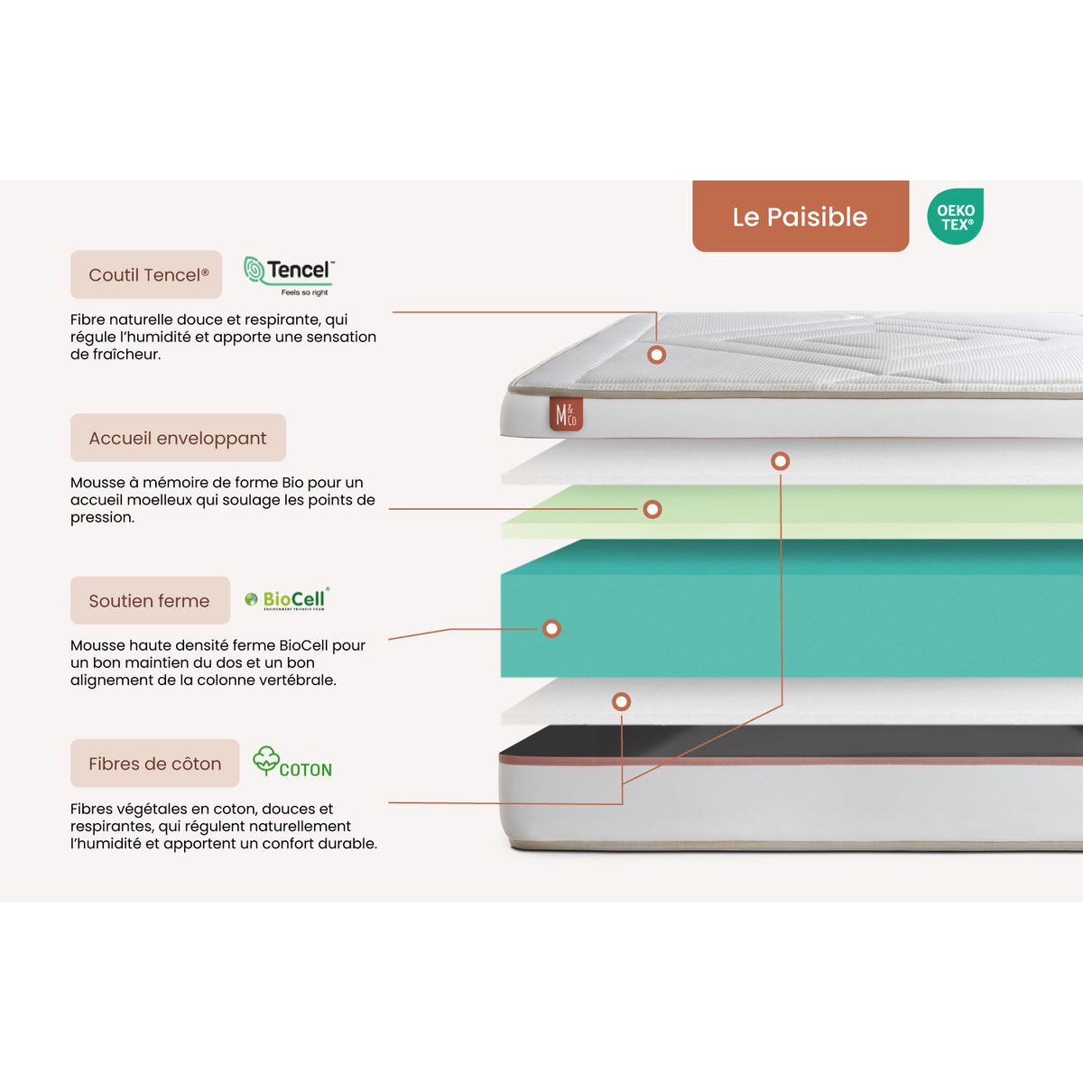 Matelas 160 x 200 cm Le Paisible - Mémoire de forme - Ep : 24 cm - sommier Beige avec 2 oreillers et couette - 7