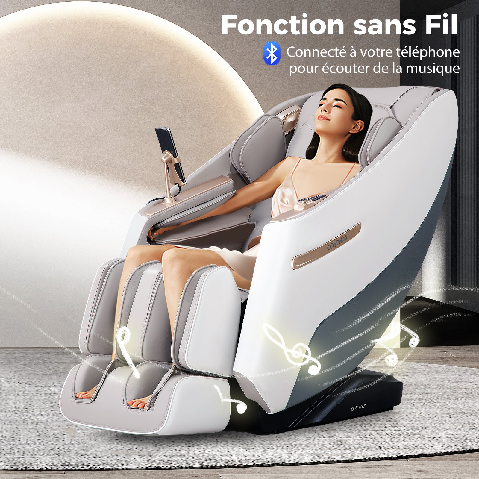 Fauteuil de Massage Électrique, Fauteuil de Massage Inclinable Rail SL avec 12 Modes Automatiques 5 Techniques de Massage Chauffage, Blanc - 4