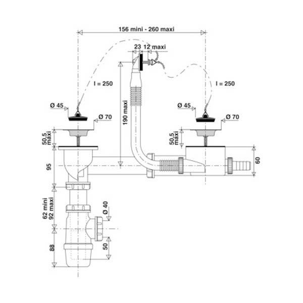 NICOLL Vidage complet Ø70 avec siphon évier inox 2 cuves - 2