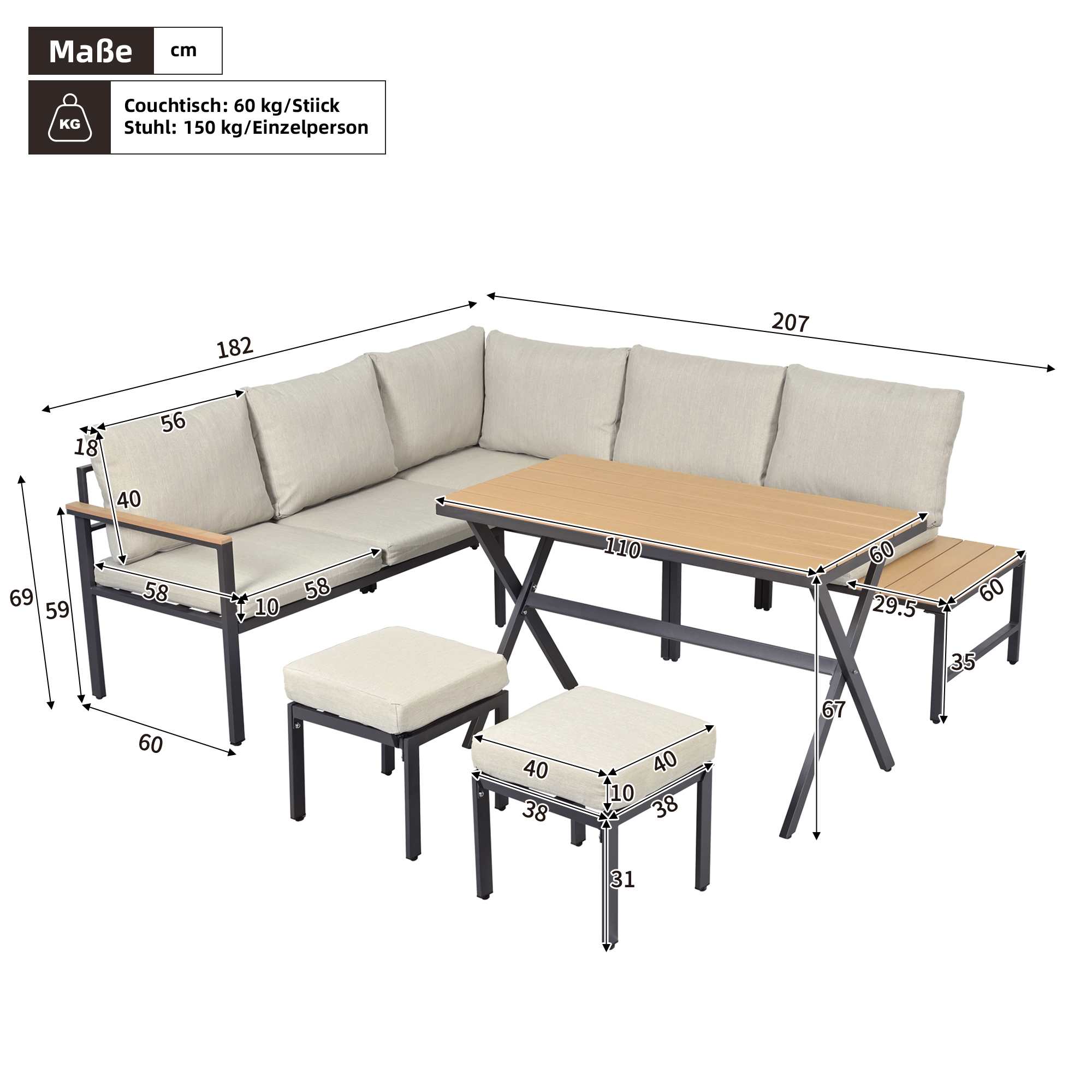 Ensemble de Salle à Manger de Jardin 4 Pièces avec Canapé d’Angle, Table et 2 Tabourets – Gris Beige - 4