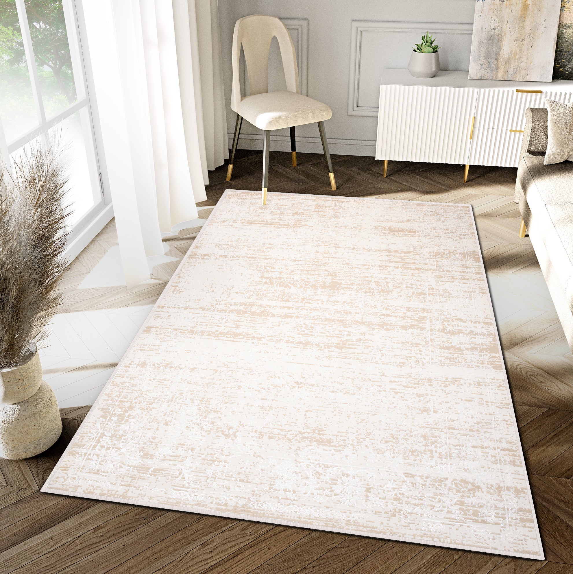 Tapiso hera alfombra de pelo corto brillante efecto 3d crema beige diseño clásico vintage abstracto oeko-tex 140 x 200 cm