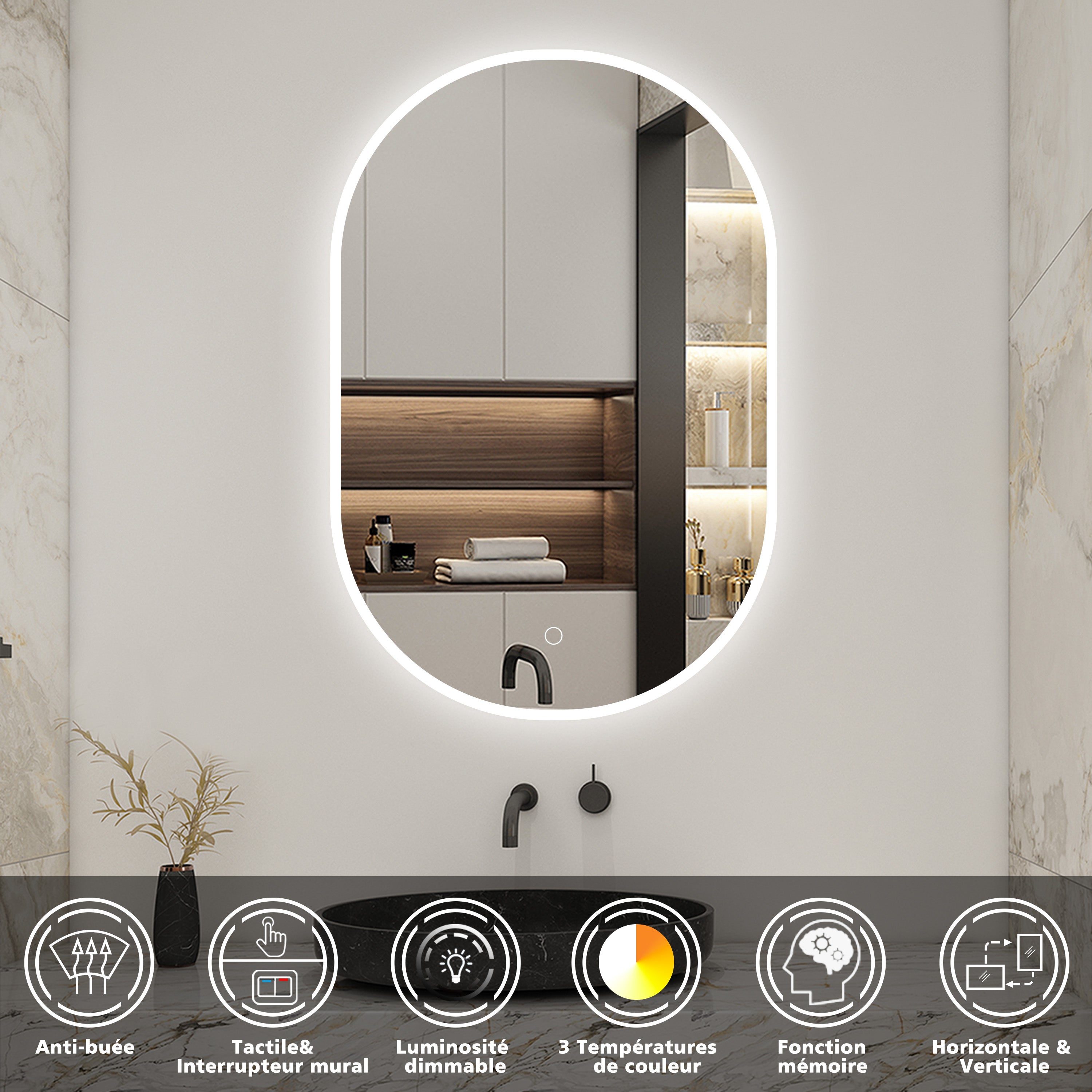Miroir Salle De Bain 80x60 Cm Anti-buée - Lumière LED Dimmable Avec Mémoire, Boutons Tactiles, IP44 - Installation Murale