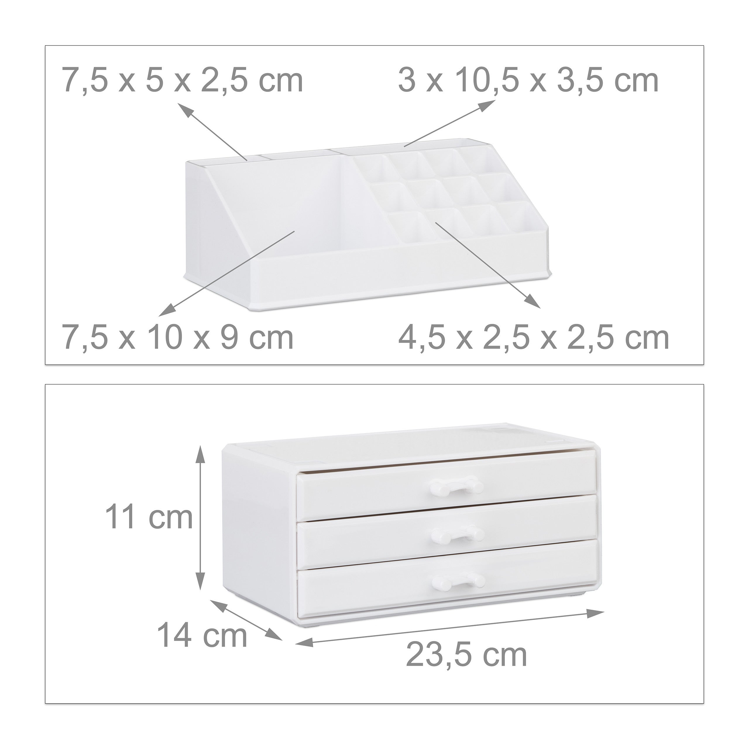 Organiseur de maquillage petit en 2 pièces, empilable avec 3 tiroirs et 19 compartiments en acrylique, 19 x 23,5 x 14 cm, blanc, Relaxdays - 5