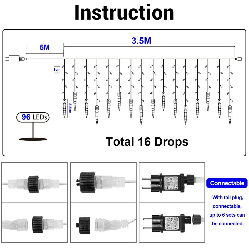 Guirlande Lumineuse en Cône de Glace Extérieur, 96 LED 16 Glaçons Guirlande Lumineuse Noel 8 Modes Bleu Connectables Décoration pour Avant-toit - 2