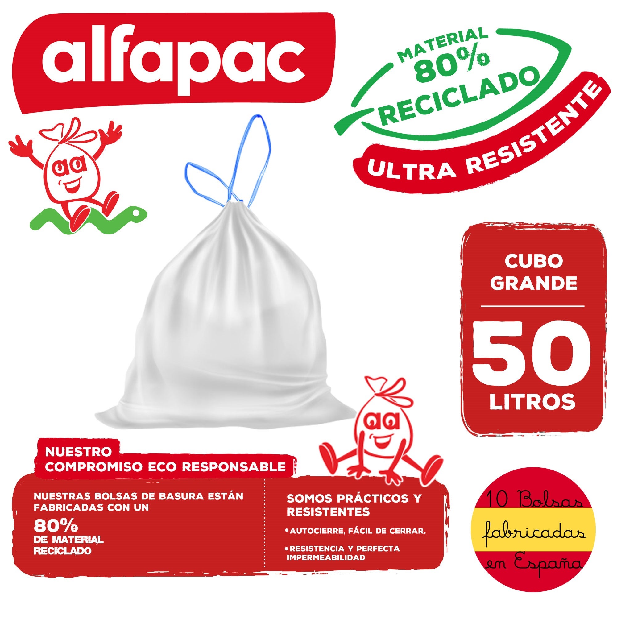 ALFAPAC Sacs poubelle 10u de 50L 68x75cm blanc auto-obturant - 2