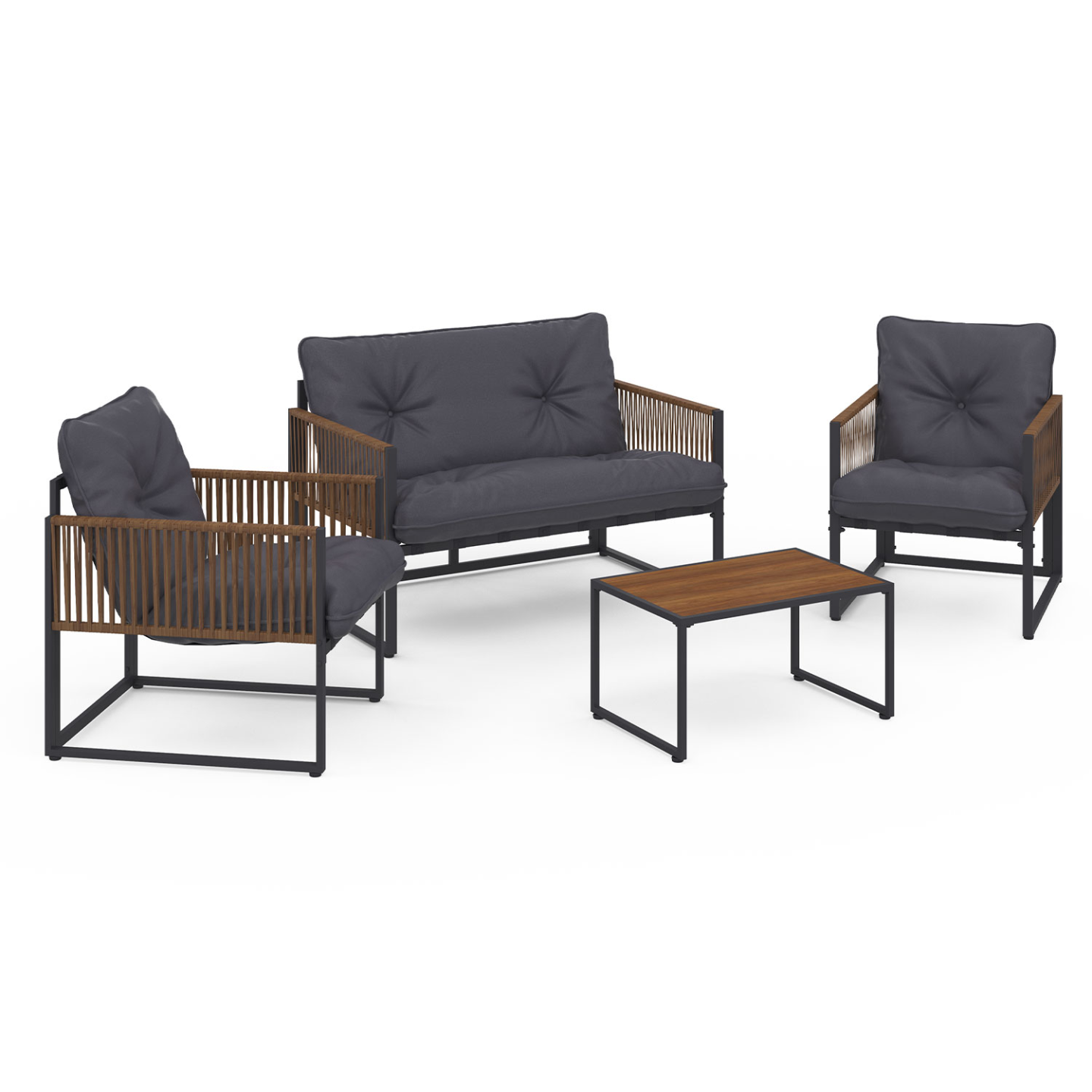 Salon de jardin bas RIO 4 places structure métal gris anthracite, cordage effet rotin avec coussin gris - 2