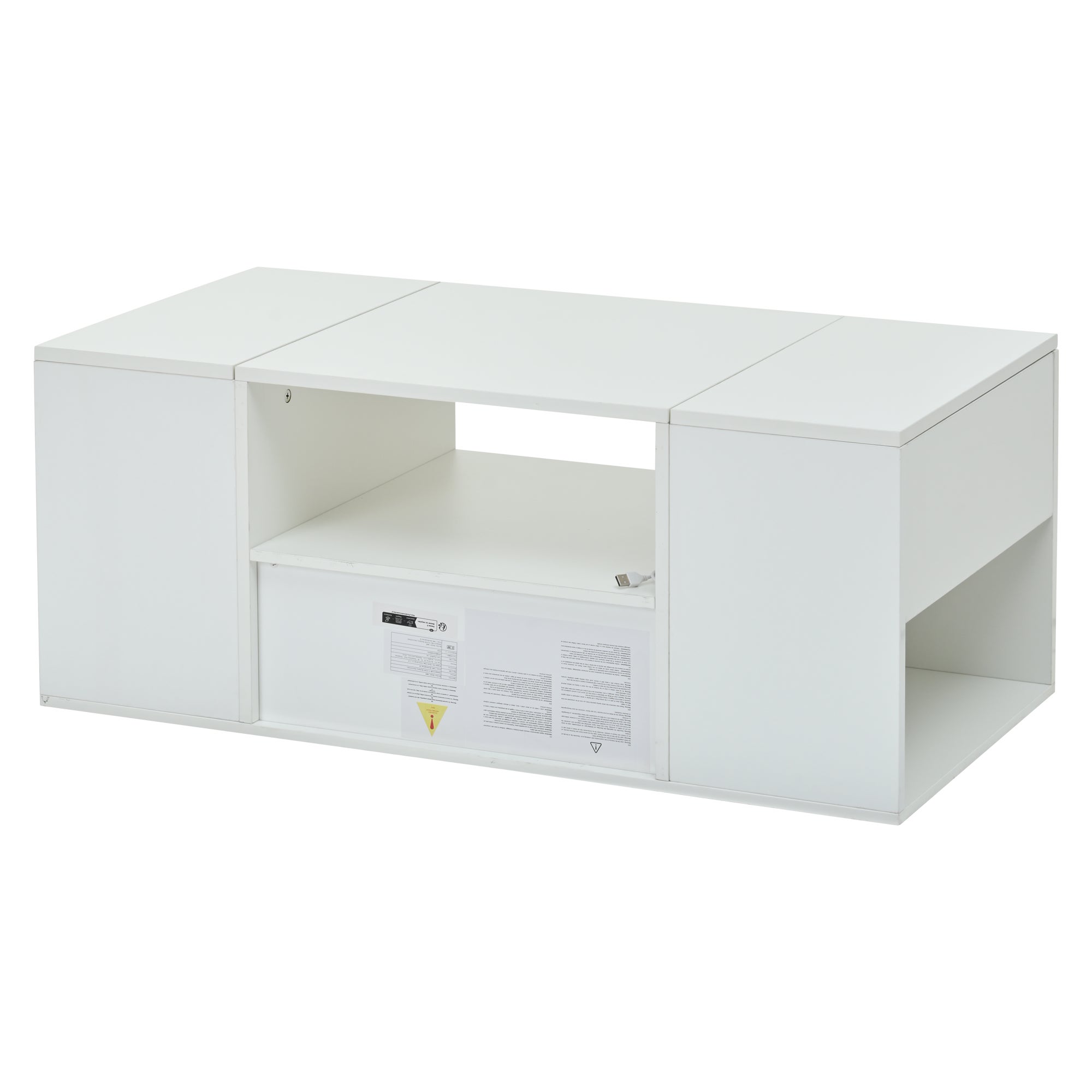 Table basse brillante avec LED, 1 tiroir, 2 armoires, rangements, en panneaux particules, blanc - 8