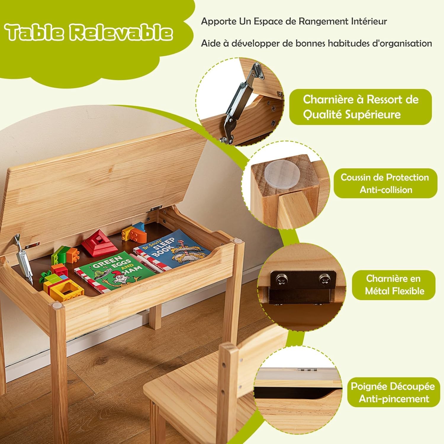 Table Enfant avec Chaise, Table a Dessin Enfant avec Rouleau du Papier, Bureau d’Écriture en Bois, Table Polyvalente pour Enfant 3+ Ans, (Naturel) - 5