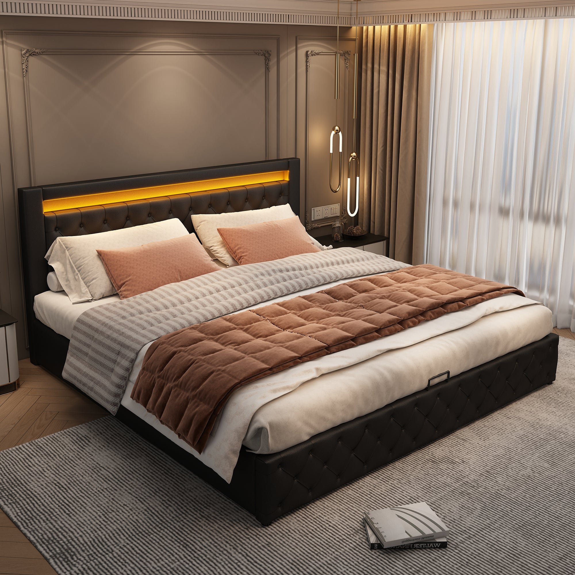 Cama contenedor con cabecero - 160 x 200 cm - Cuero PU y LED - Somier de láminas - Estilo contemporáneo - Negro - 3