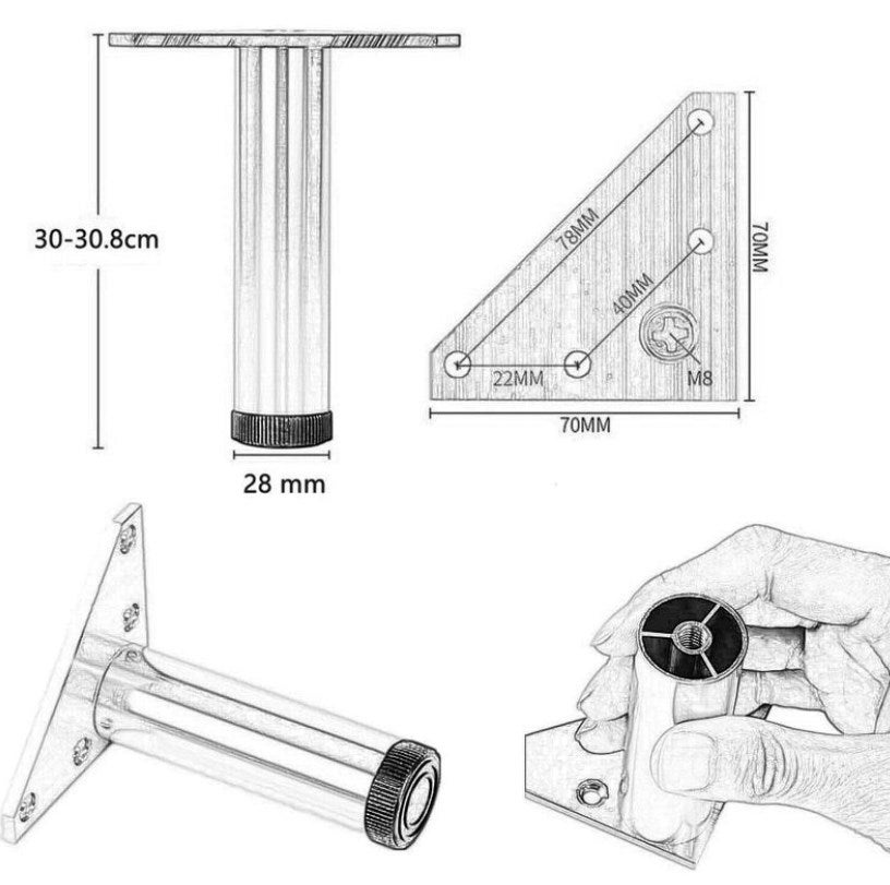 Gambe Per Mobili In Legno Massello Da 10cm - Set Di 8 Pezzi Per Divano, Letto, Armadio