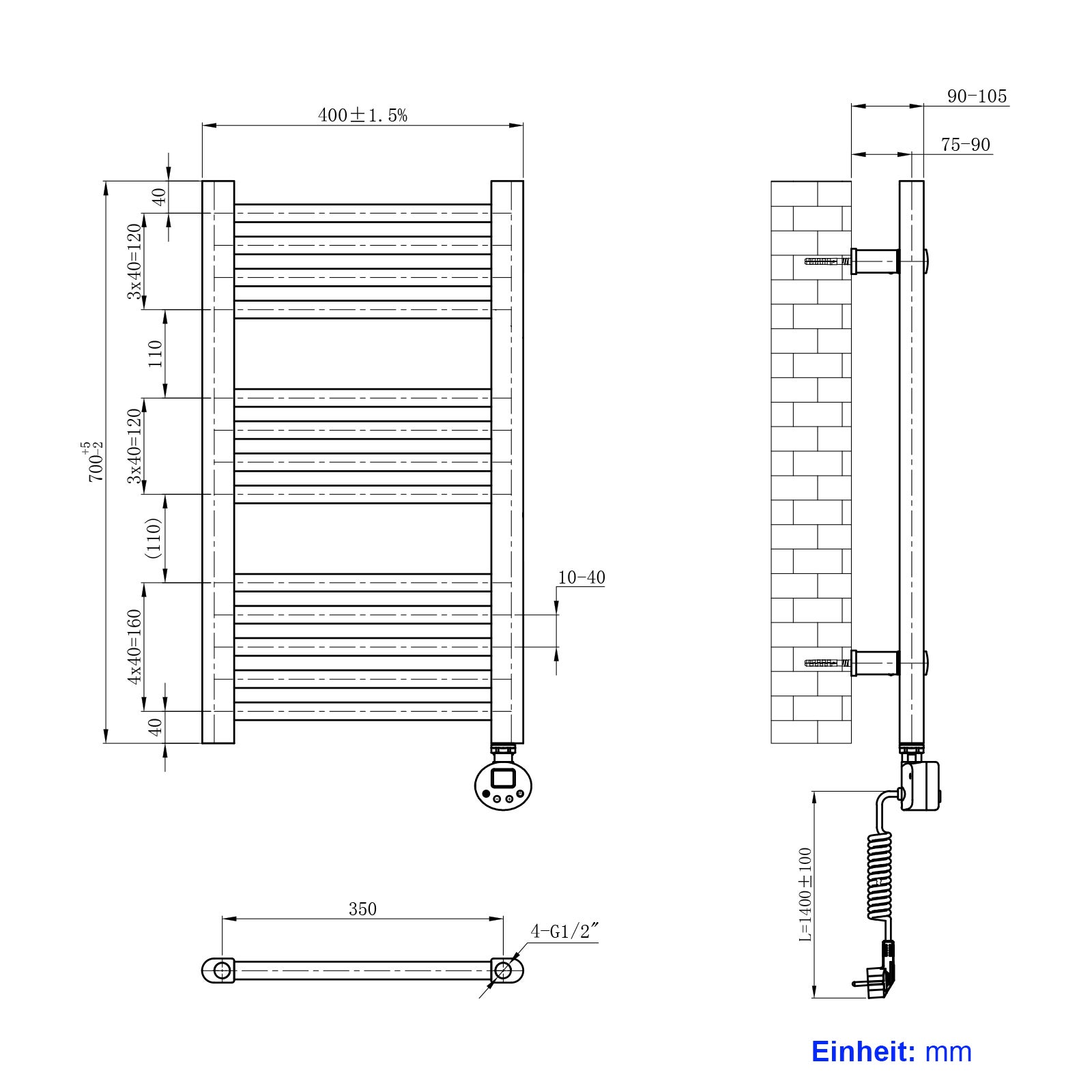 Heilmetz Sèche-Serviettes Electrique, Radiateur Sèche-Serviettes 70x40 cm Blanc avec Timing Elément de Chauffage Electrique - 5