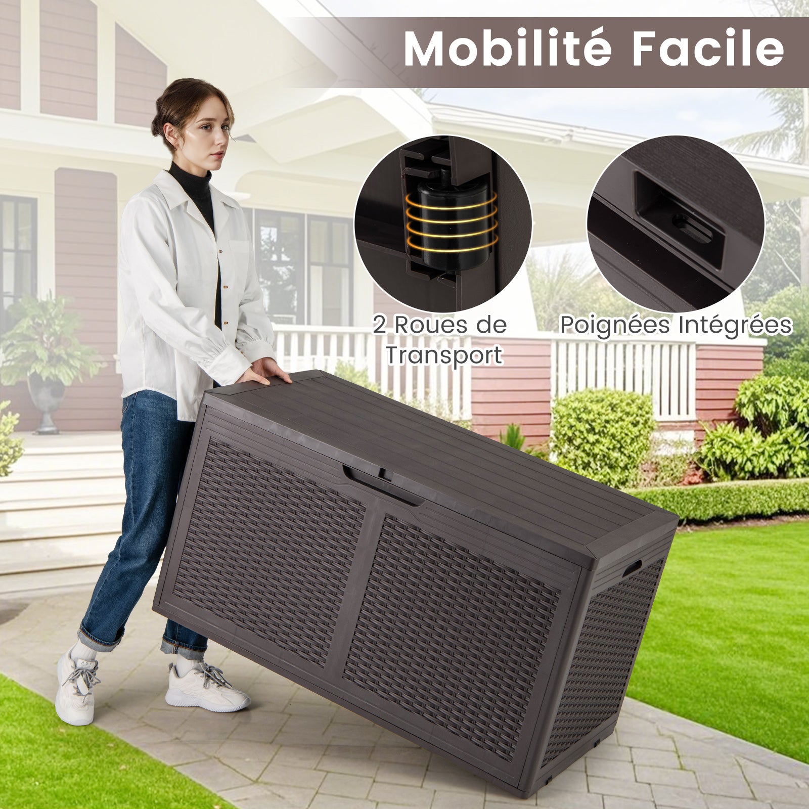 Coffre de Terrasse en Résine 380 L, Banc de Rangement Étanche d'Extérieur avec Couvercle Verrouillable et Roues pour Outils de Jardin, Marron - 5
