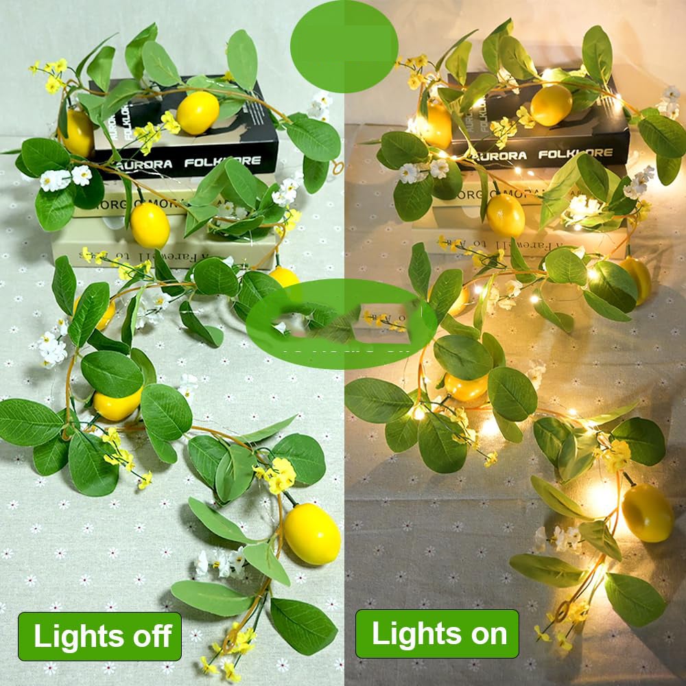 Couronne de citron artificielle avec guirlandes lumineuses, guirlande artificielle, fausses plantes suspendues avec guirlandes lumineuses, 1 paquet - 3
