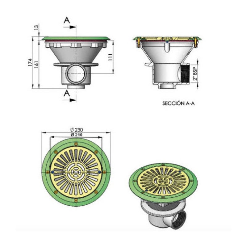 Bonde de fond Grise Ø210 mm (béton, liner) - 3