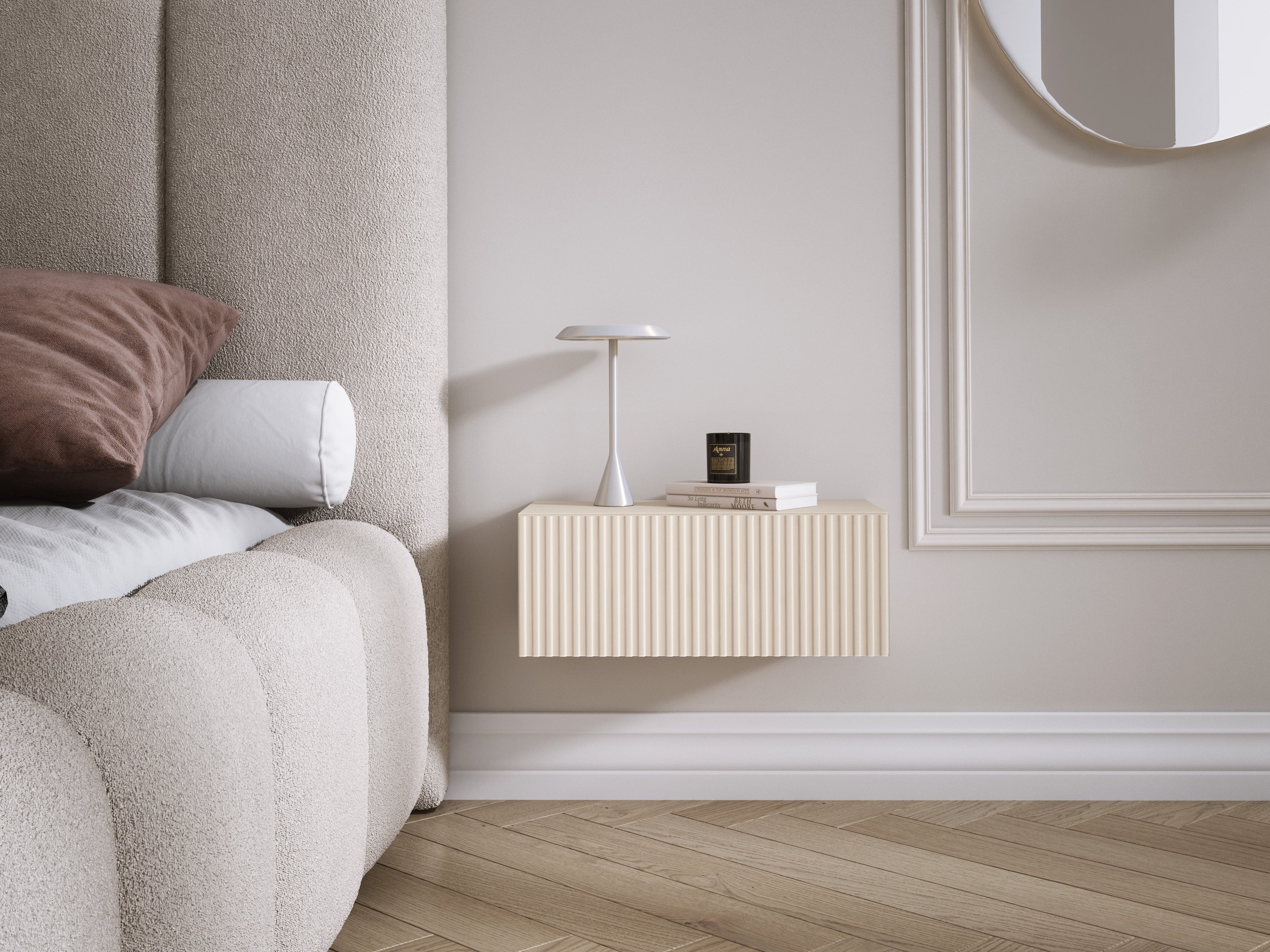 Comodino sospeso con cassetto – frontale scanalato, listelli – colore: Cashmere, 40 x 20 x 16 cm - 3