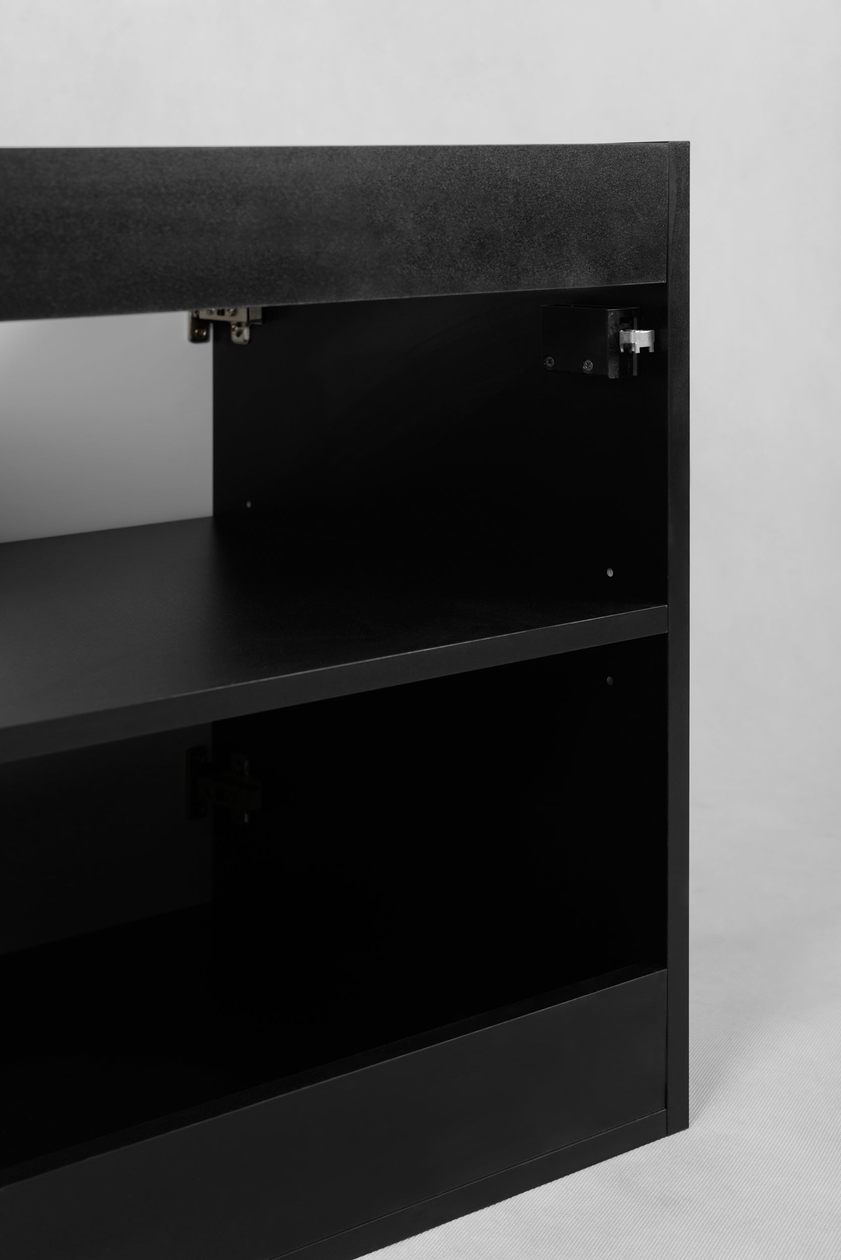 Zestaw łazienkowy FLOW 160 cm czarny z blatem dąb craft i regałami - 10