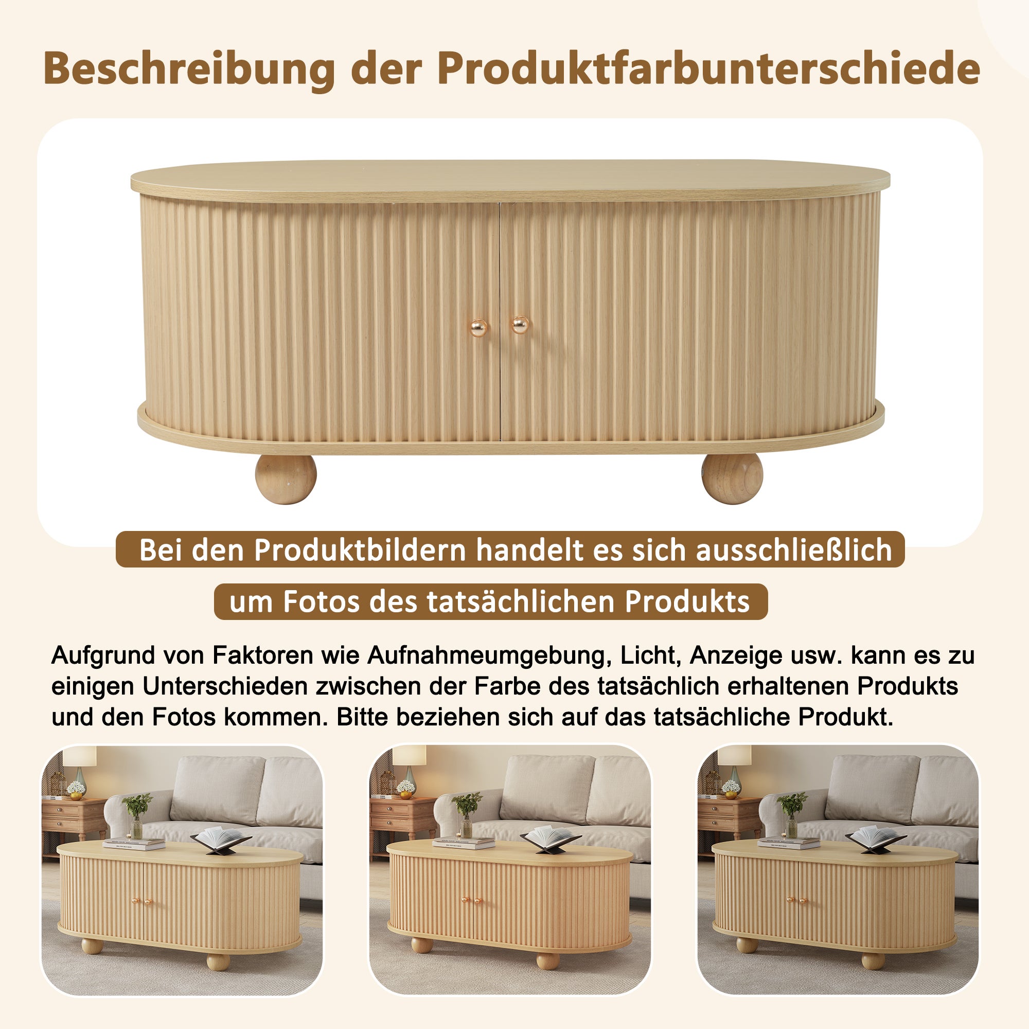 Table basse ovale avec 2 portes coulissantes et compartiment - 100 x 50 x 40 cm - Bois MDF - Couleur bois - 8