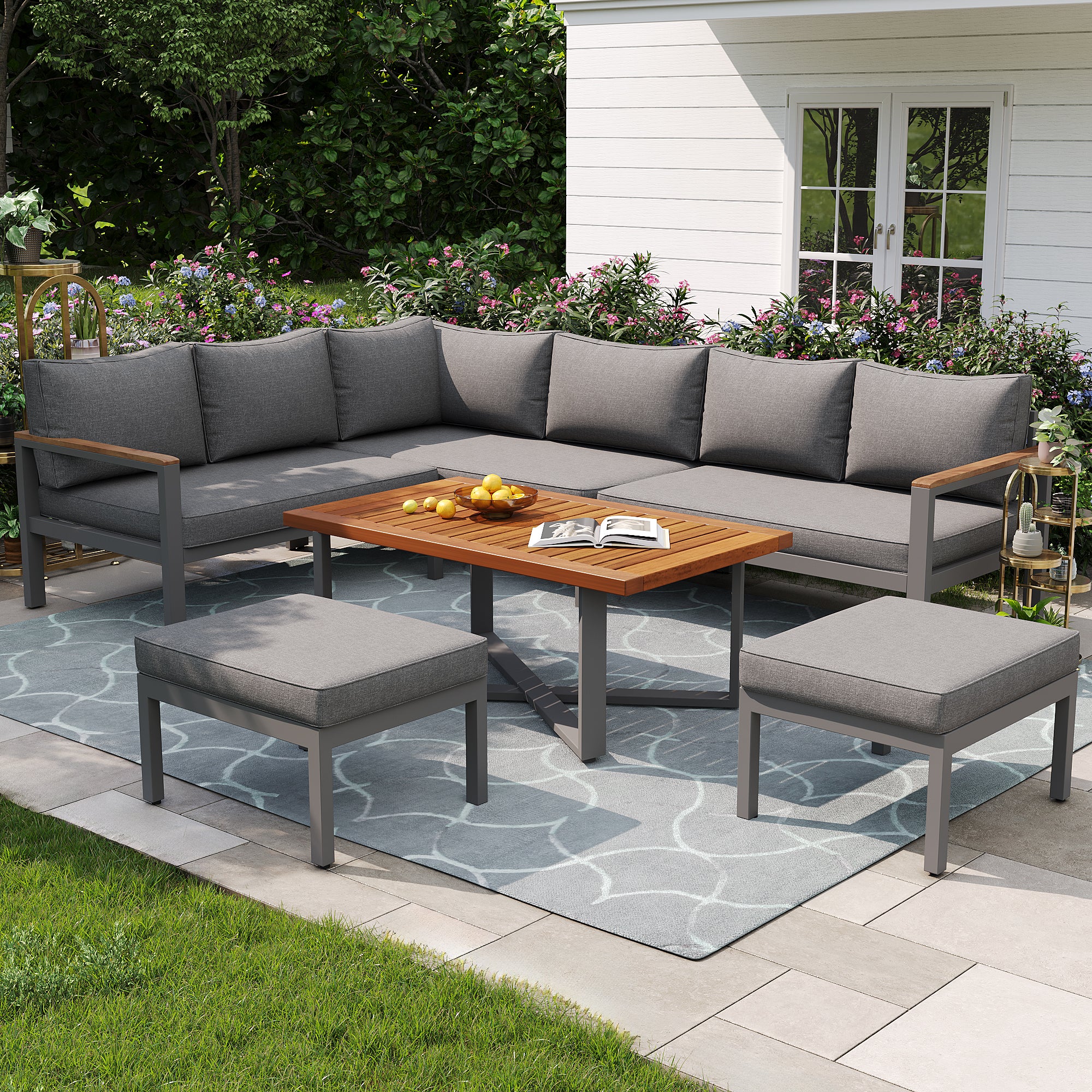 Mobiliario de jardín modular en hierro galvanizado: 3 sofás de 2 plazas + 2 bancos + 1 mesa de centro - Gris - 8