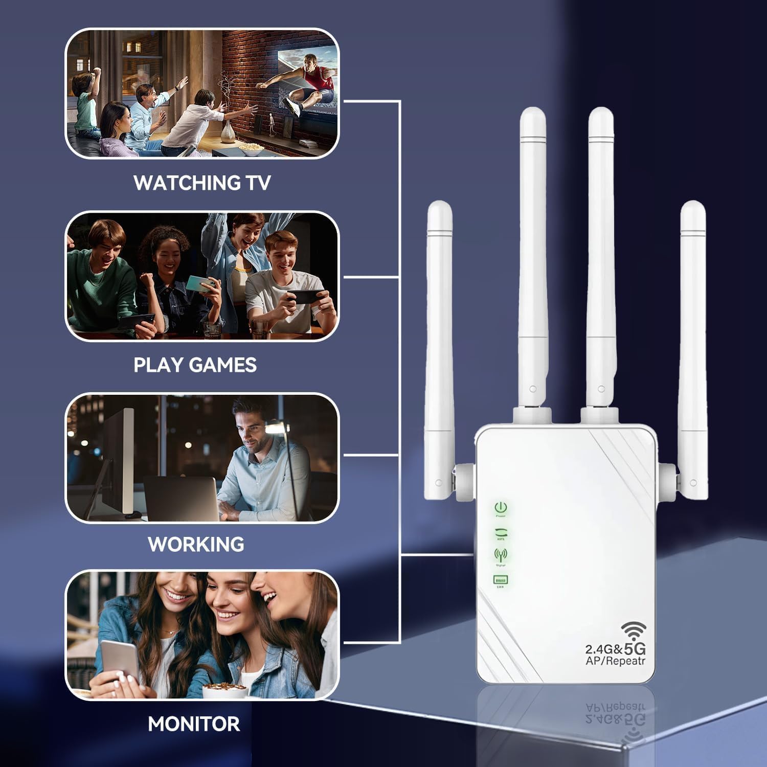 Amplificateur WiFi 1200Mbps, double bande 5Ghz et 2,4Ghz, port Gigabit et WPS, équipé de 4 antennes, compatible avec toutes les box réseau，blanc - 7
