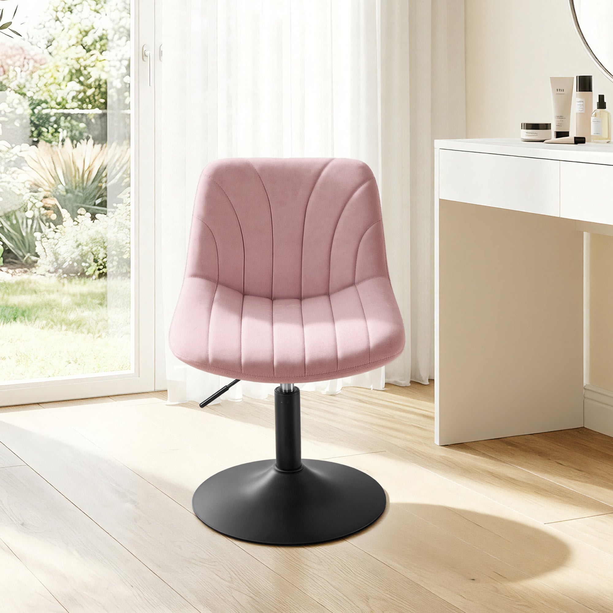 Chaise de Coiffeuse Réglable, Tabouret avec Dossier, Rotation 360°, Velours, pour Coiffeuse, Rose - 2