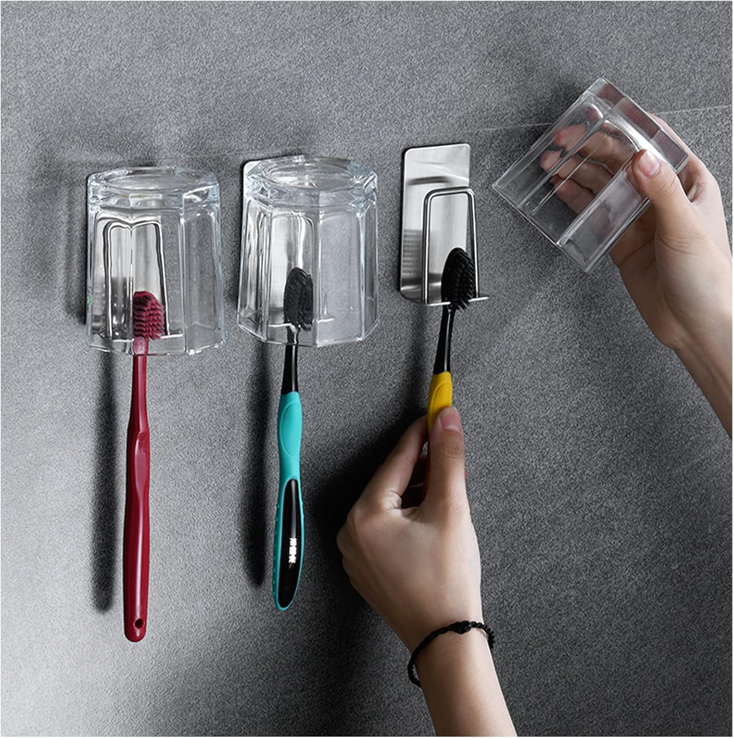 Lot de 2 Supports de Brosse à Dents 2 en 1 (Argent), Fixation Murale sans Perçage Gobelet Support de Brosse à Dents Autocollant Durable pour Le Placem - 4