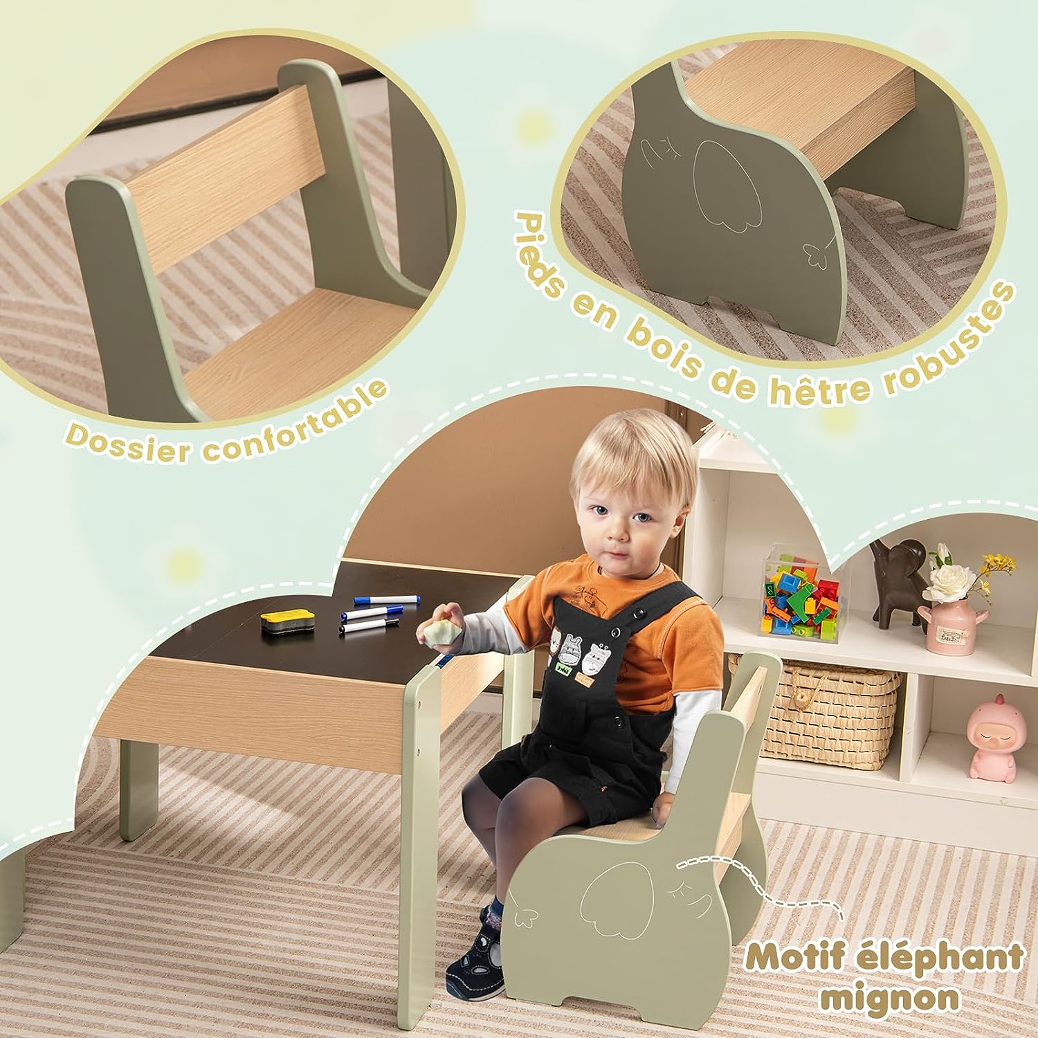 Table Enfants avec 2 Chaises et Tableau Amovible, Espace de Rangement, Bureau pour Dessiner Jouer, Charge 30kg pour 3-6 Ans, Vert - 5