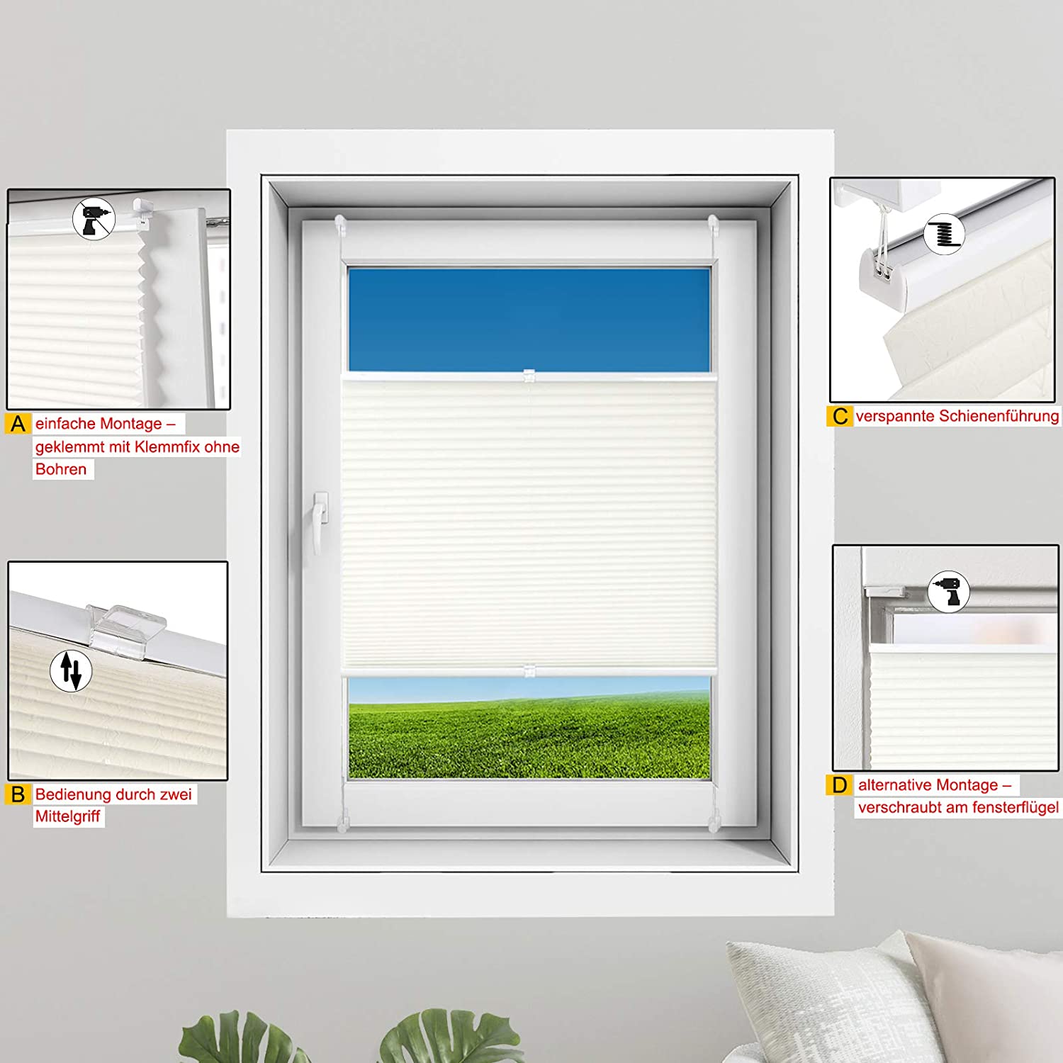 WOLTU Store plissé sans perçage pour fenêtre ou Porte, 50x130cm, Blanc - 4