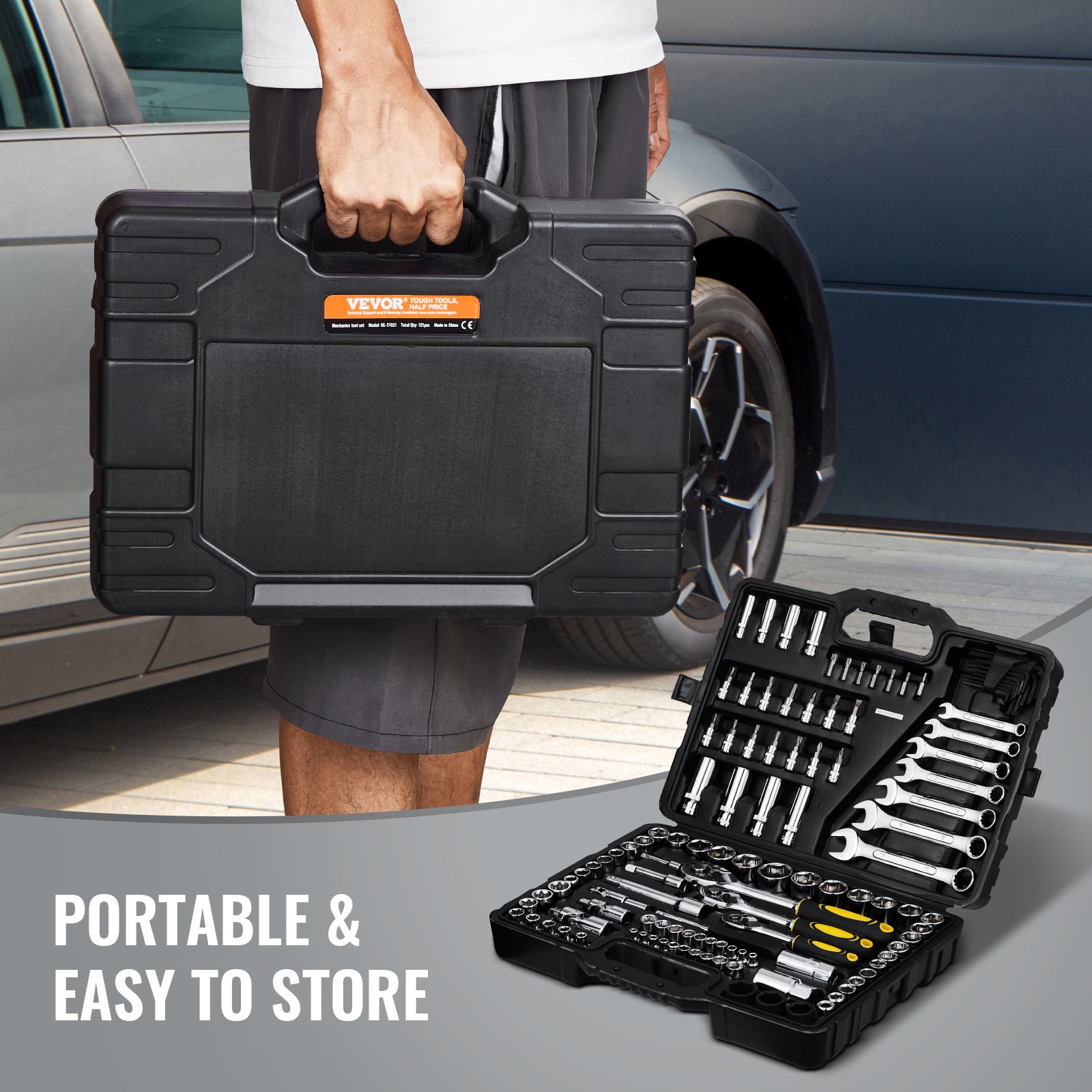 Coffret D'outils Mécanique VEVOR 121 Pièces - Douilles 1/4, 3/8, 1/2" SAE Et Métrique, Neuf