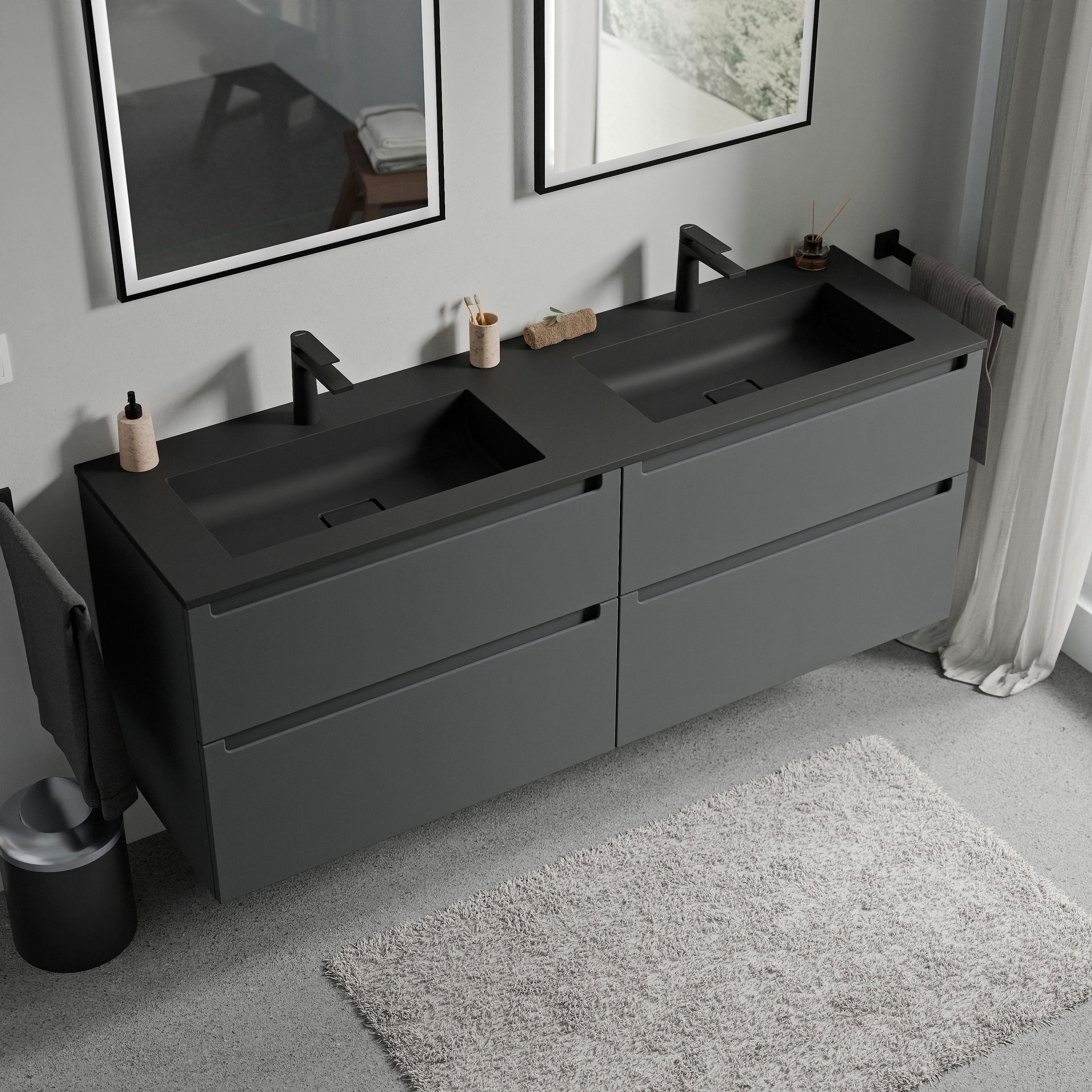 BERNSTEIN - Meuble double vasque suspendu MDF Anthracite mat, lavabos fonte Noir mat + trous robinet, tiroirs pivotants - 160x46x62cm - VIREO - 2