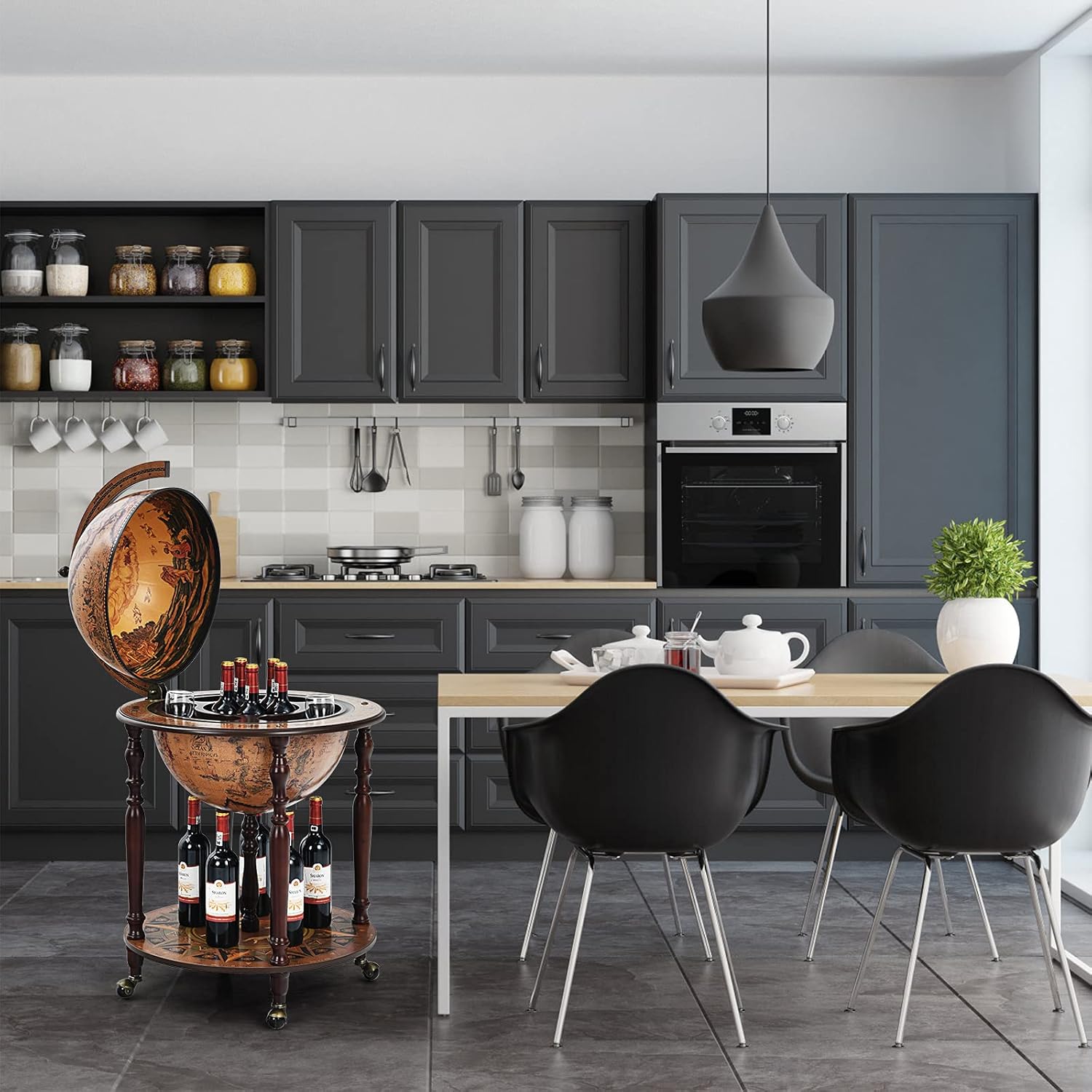 Porta Liquori Mappamondo, Portavino con Ruote, Credenza per Vino con Stile Retrò per Bar Sala da Pranzo e Salone, Diametro 45 cm - 8