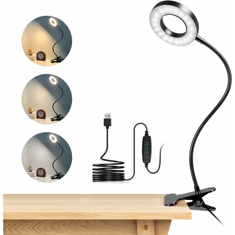 Lampka biurkowa z 48 diodami LED z klipsem, lampka do czytania na elastycznej gęsiej szyi 360°, 3 tryby oświetlenia i 10 poziomów jasności, czarna