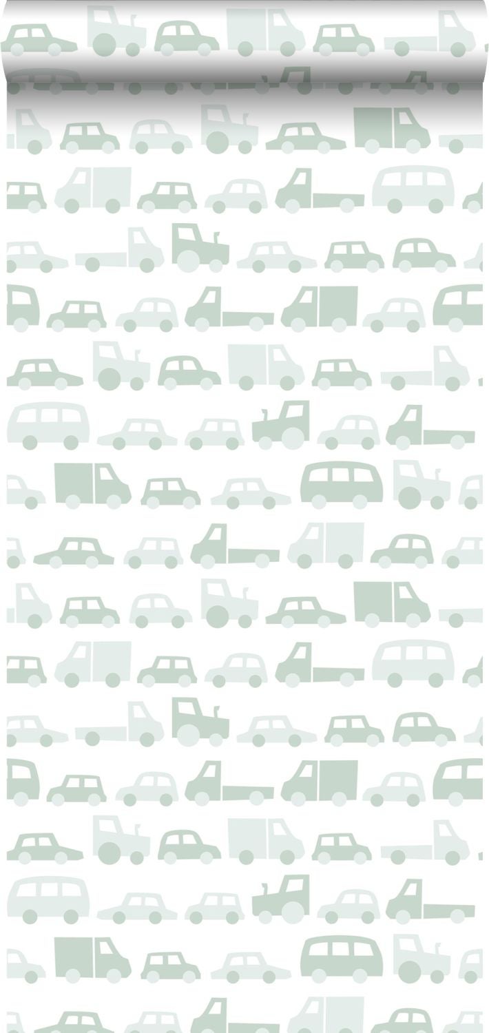 Papel pintado coches verde menta agrisado - 0,53 x 10,05 m - estahome