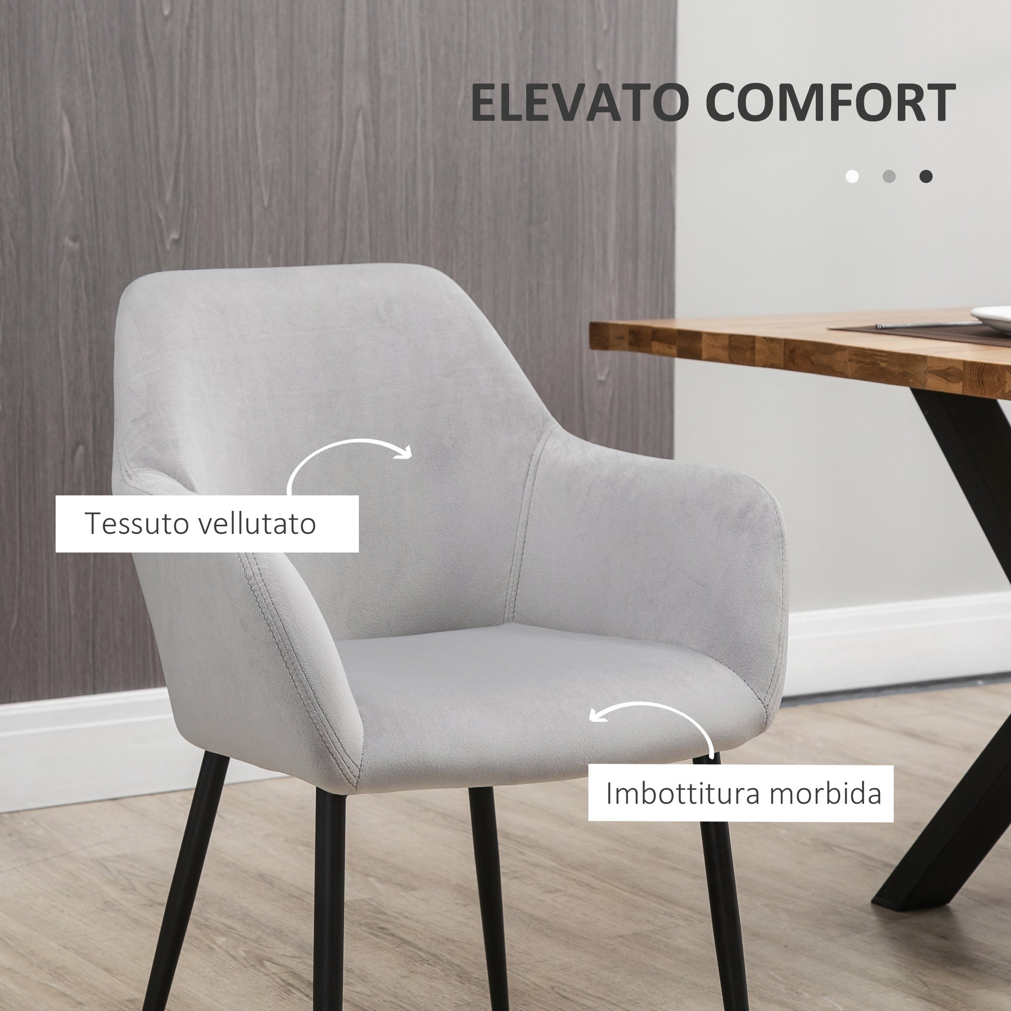 HOMCOM Set 2 Sedie per Soggiorno in stile Nordico con Schienale e Braccioli Ricurvi, Seduta Imbottita e Gambe in Acciaio, 54x57x80 cm, Grigio - 5