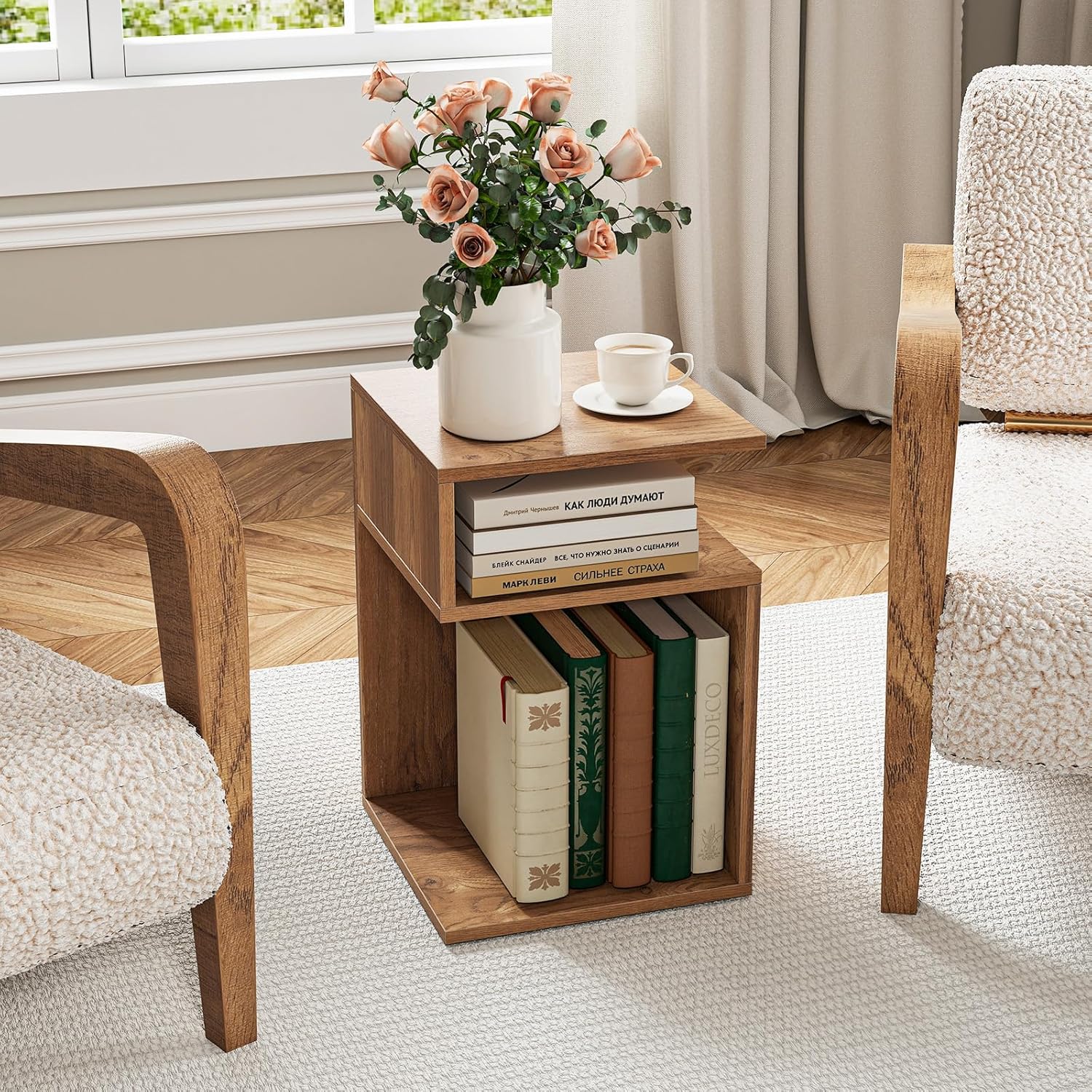 Table d'Appoint en Forme S, Bout de Canapé Salon avec 2 Casiers Ouverts, 3 Étagères Design Géométrique Compacte,pour Salon, Chambre, Naturel - 9