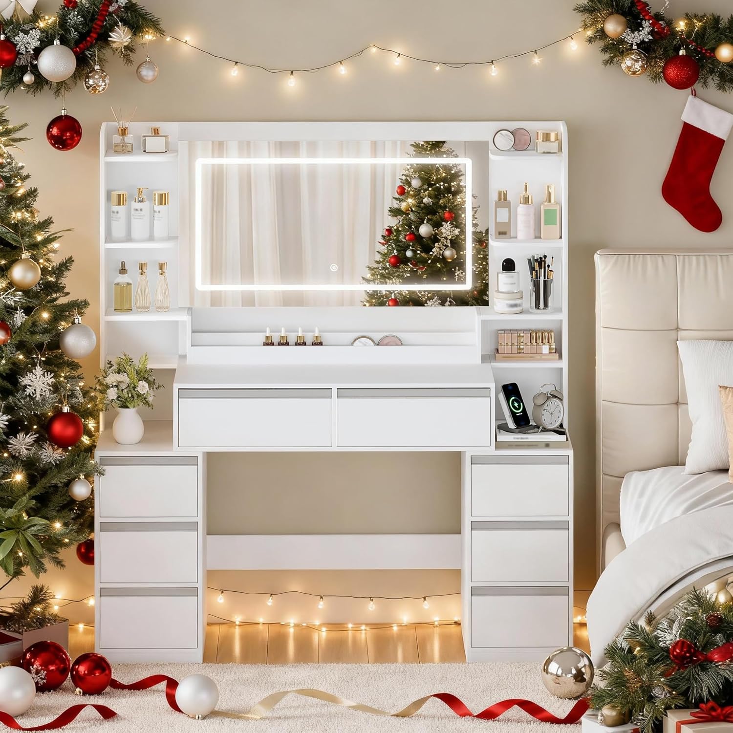 135cm Coiffeuse avec Miroir, 3 Lumières LED à Luminosité Réglable, Prises de Courant, Support pour Sèche-Cheveux, 8 Tiroirs et Étagères, Blanc-Argent - 2