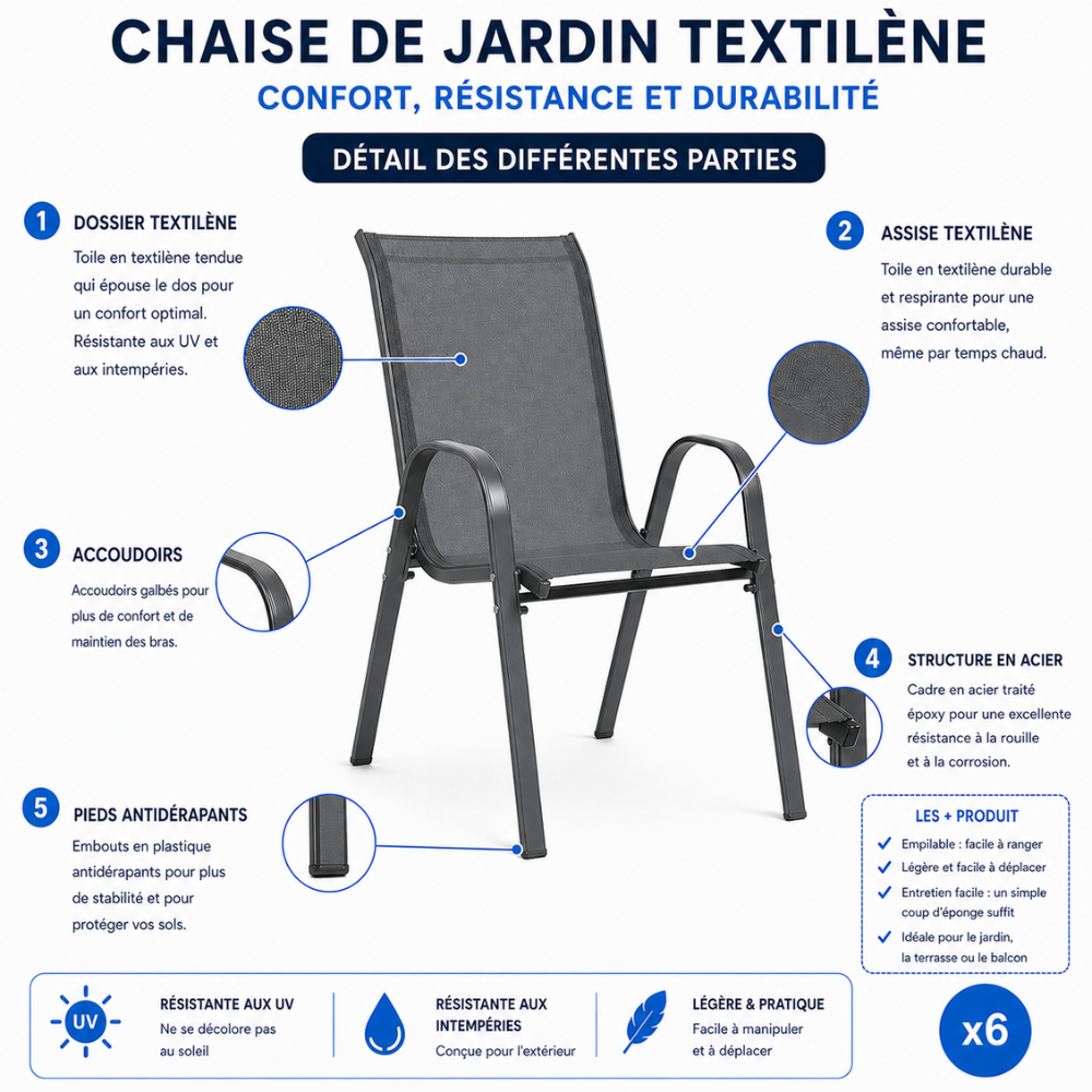 Chaise de jardin sans coussin Chaises de jardin empilables textilène x6 Unité Gris en Textilène Gris - 2