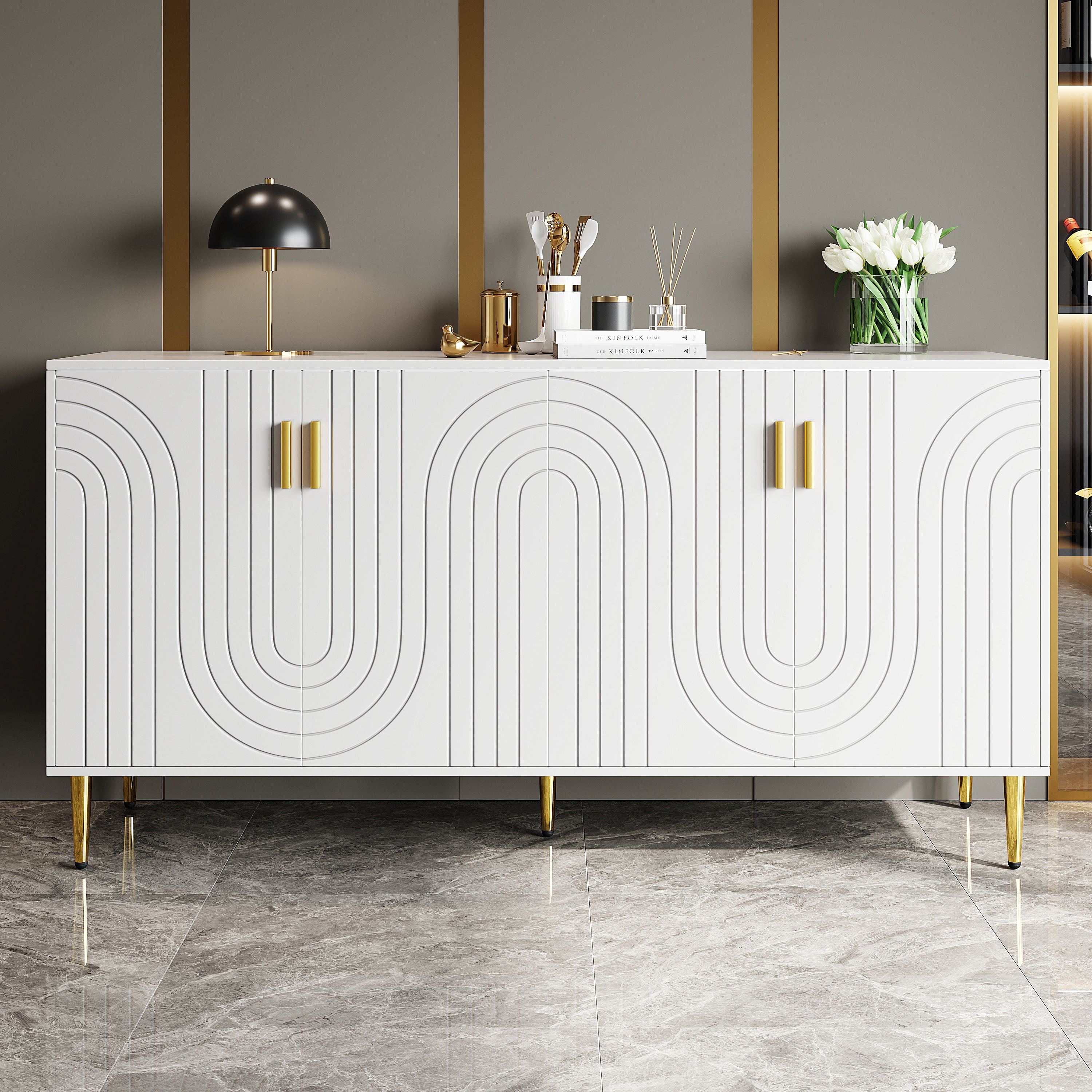 Biała komoda-152 x 40 x 75 cm-falisty wzór-złote uchwyty-nogi-design-jadalnia-elegancka