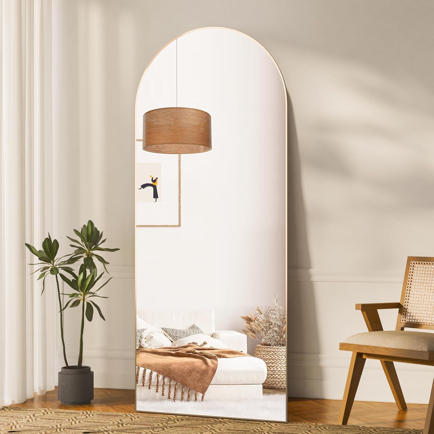 Specchio a figura intera 165 x 60 cm, specchio da terra con cornice in alluminio, specchio da appoggio ad arco liscio, oro - 3