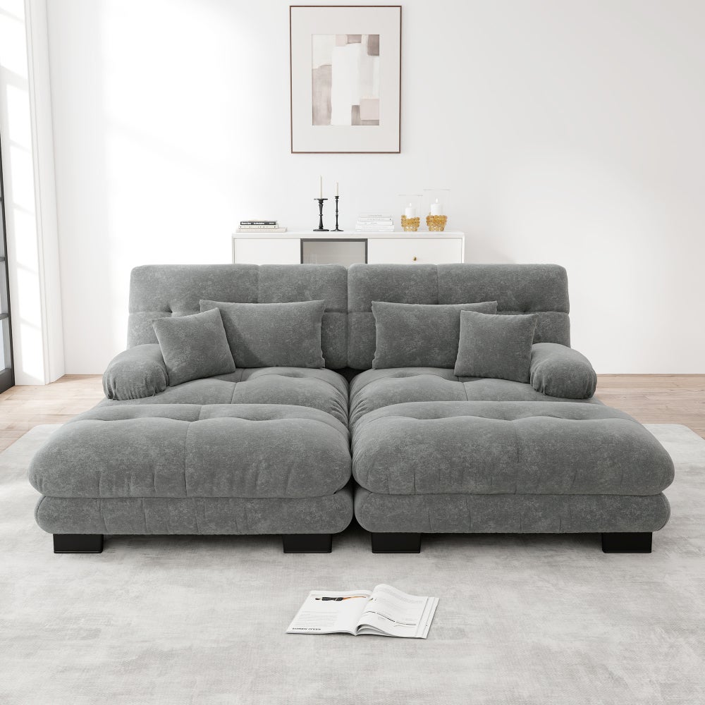 Sofa narożna, szenilowa, 2-osobowa, z 4 poduszkami i 2 pufami, szerokie podłokietniki, szara