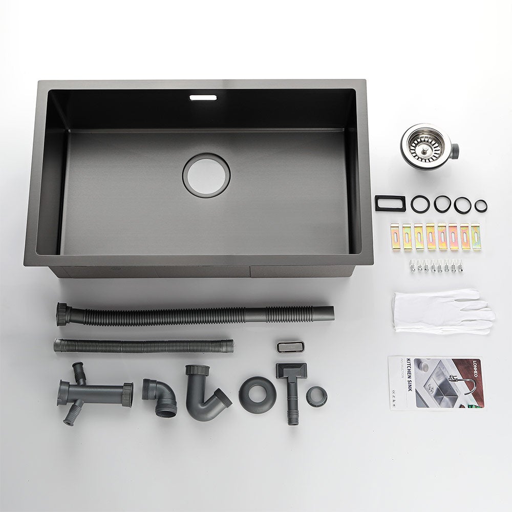 Lonheo Max Lavello Cucina 1 Vassoio 74*44*20CM, in Acciaio Inox Spazzolato con Sifone e Troppo pienon, Nero,Modello UE - 5